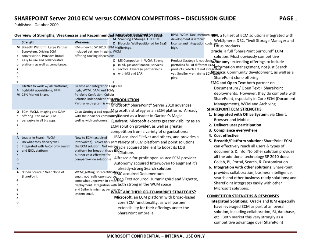SHAREPOINT Server 2010 ECM Versus COMMON COMPETITORS DISCUSSION GUIDE PAGE 1