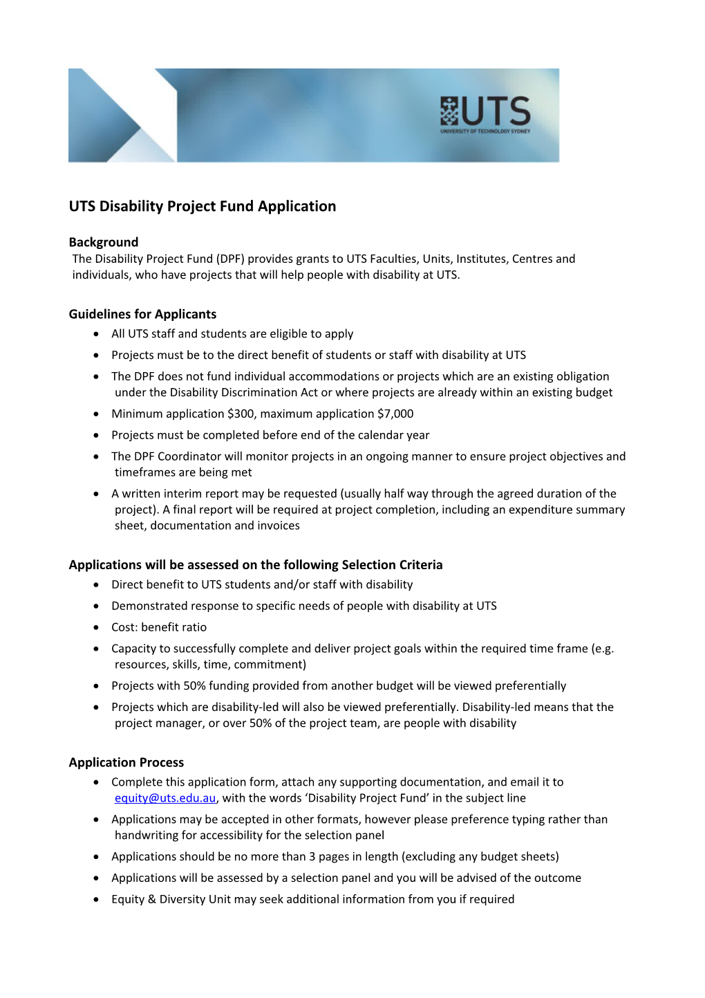 UTS Disability Projects Fund Application Form 2007