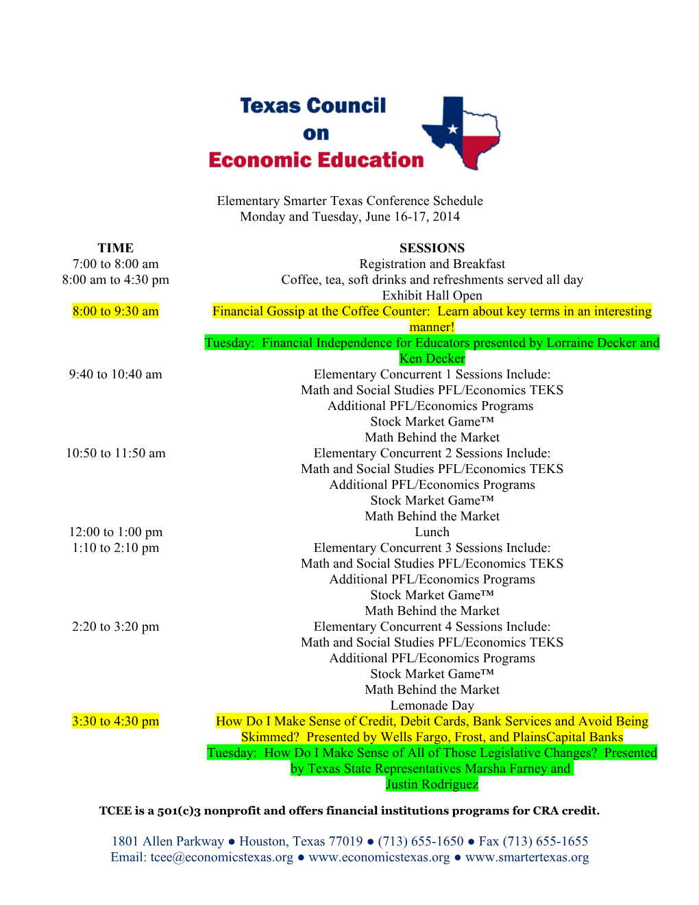 Elementary Smarter Texas Conference Schedule