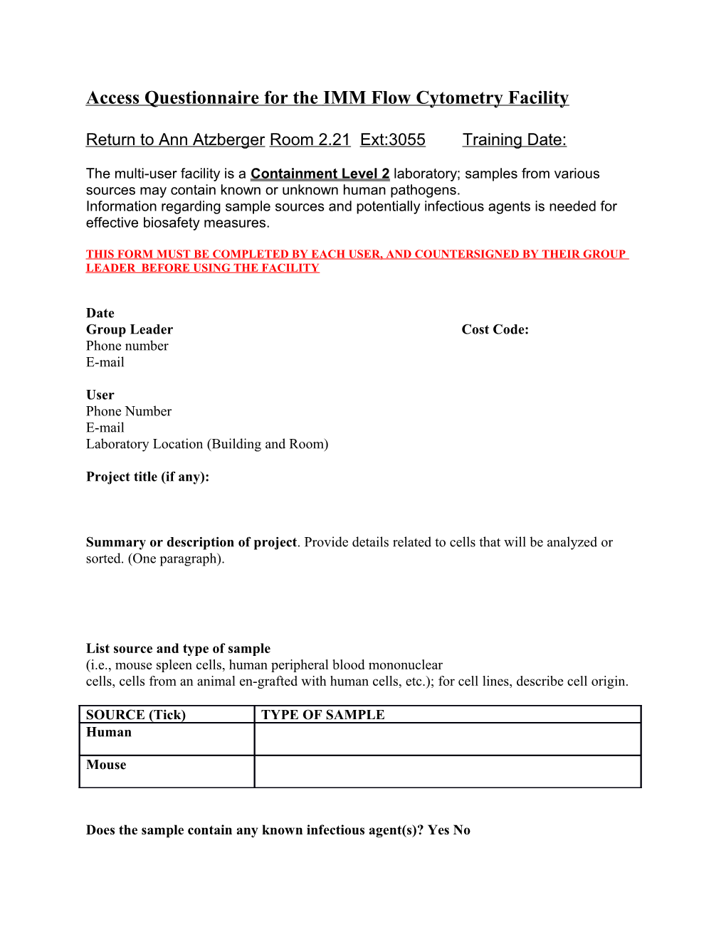 Access Questionnaire for the IMM Flow Cytometry Facility