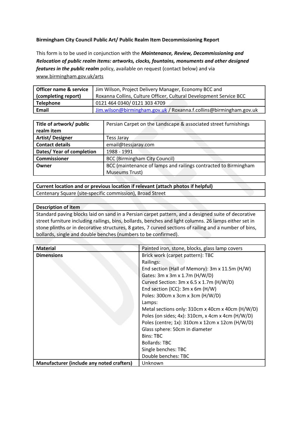 Birmingham City Council Public Art/ Public Realm Item Decommissioning Report