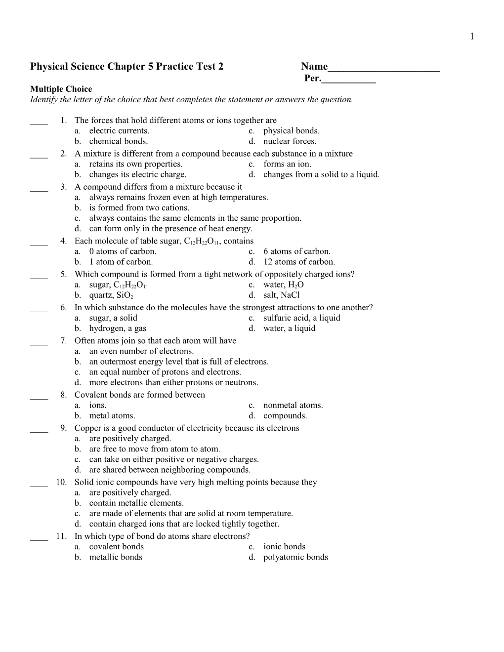 Physical Science Chapter 5 Practice Test 2 Name______