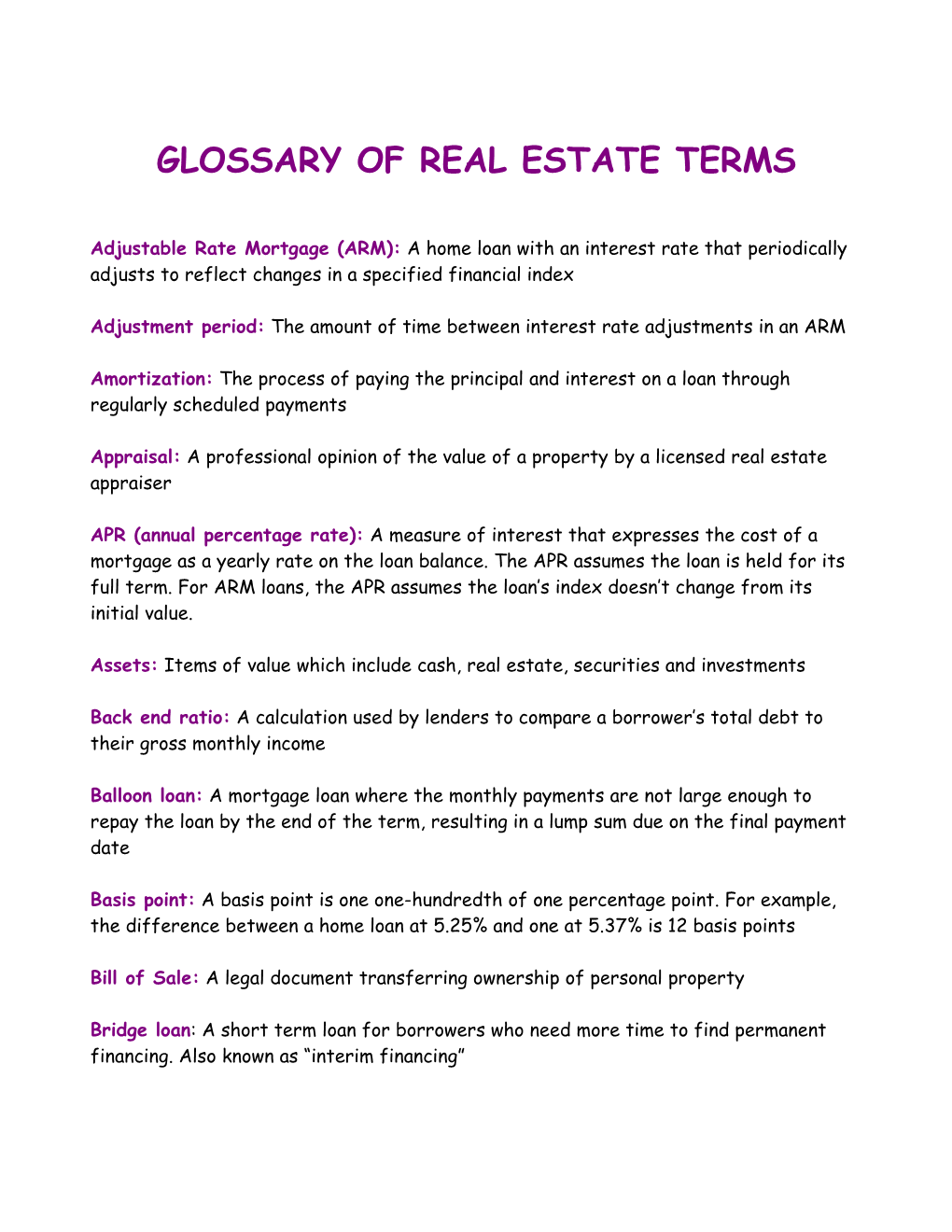 Glossary of Real Estate Terms
