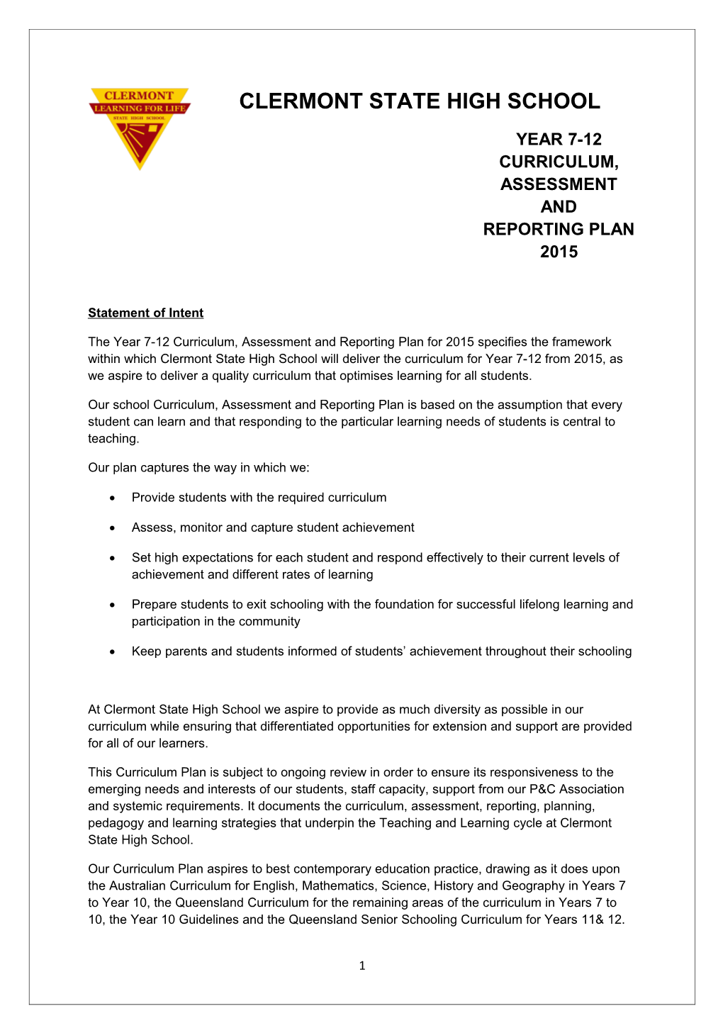 Year 7-12Curriculum, Assessment and Reporting Plan 2015
