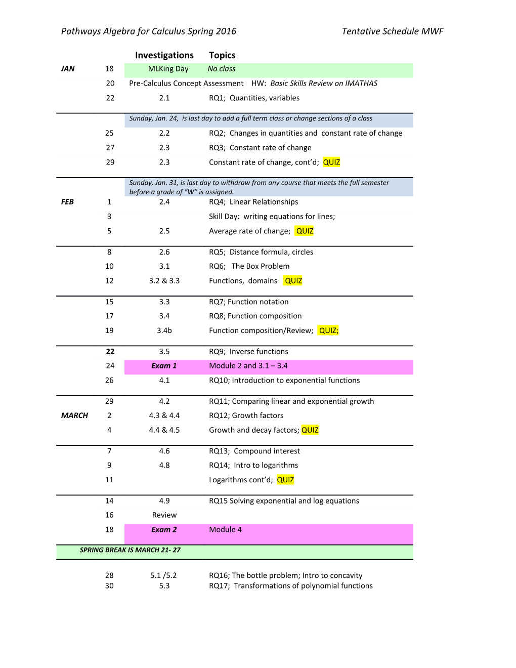 Pathways Algebra for Calculusspring 2016 Tentative Schedule MWF