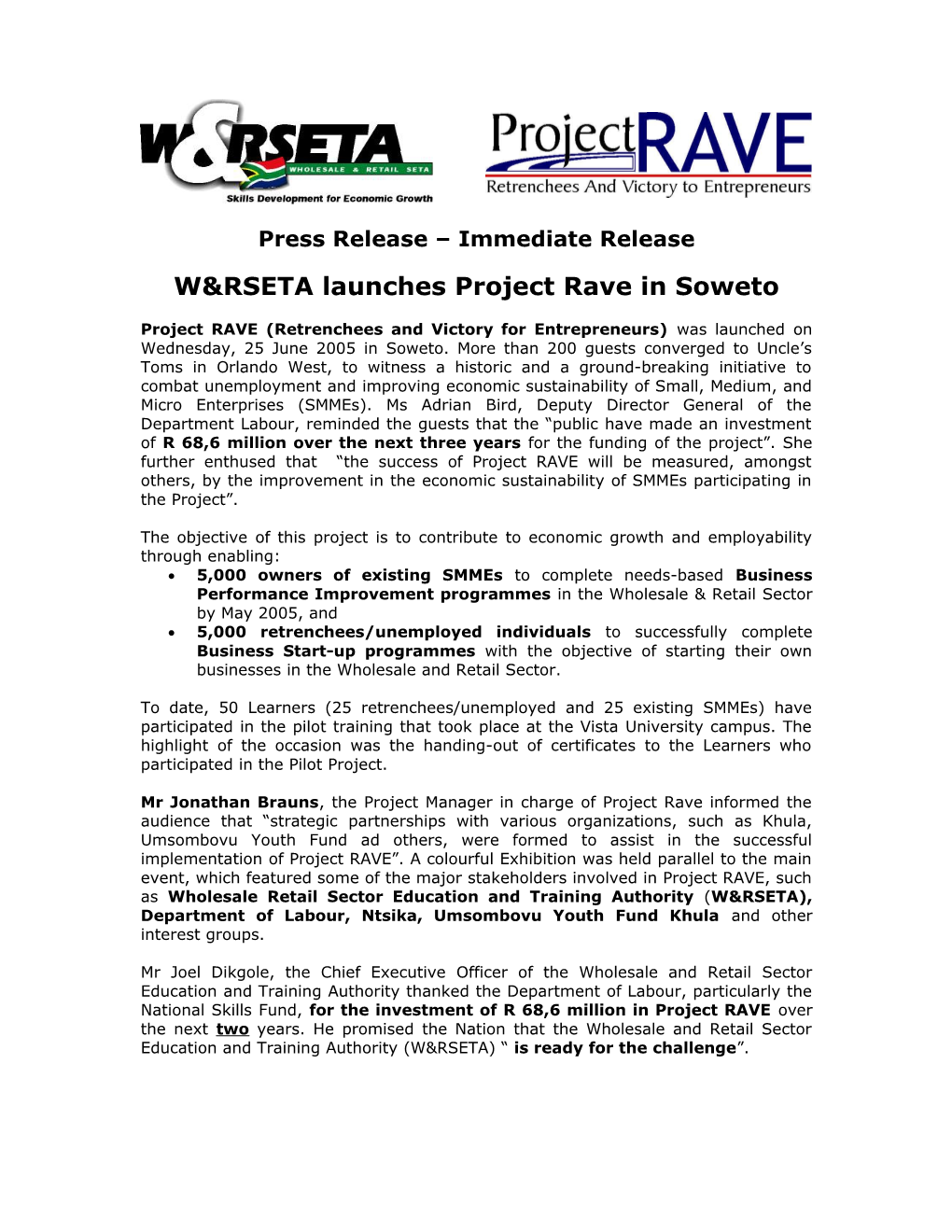 W&RSETA Launches Project Rave in Soweto