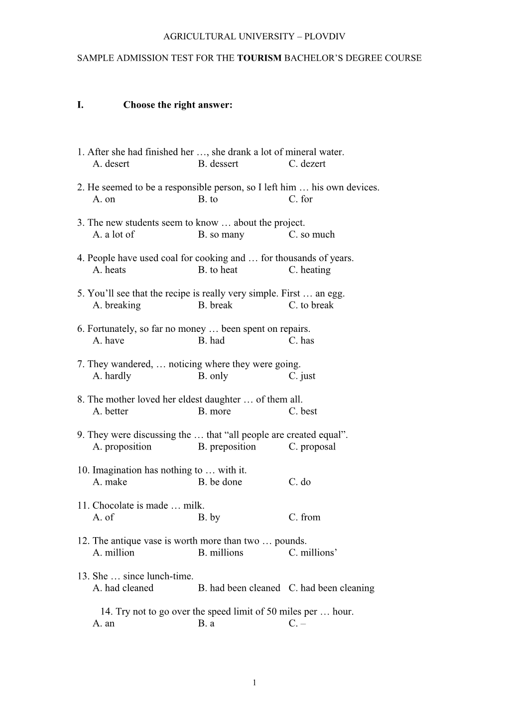 Sample Admission Test for the Tourism Bachelor S Degree Course