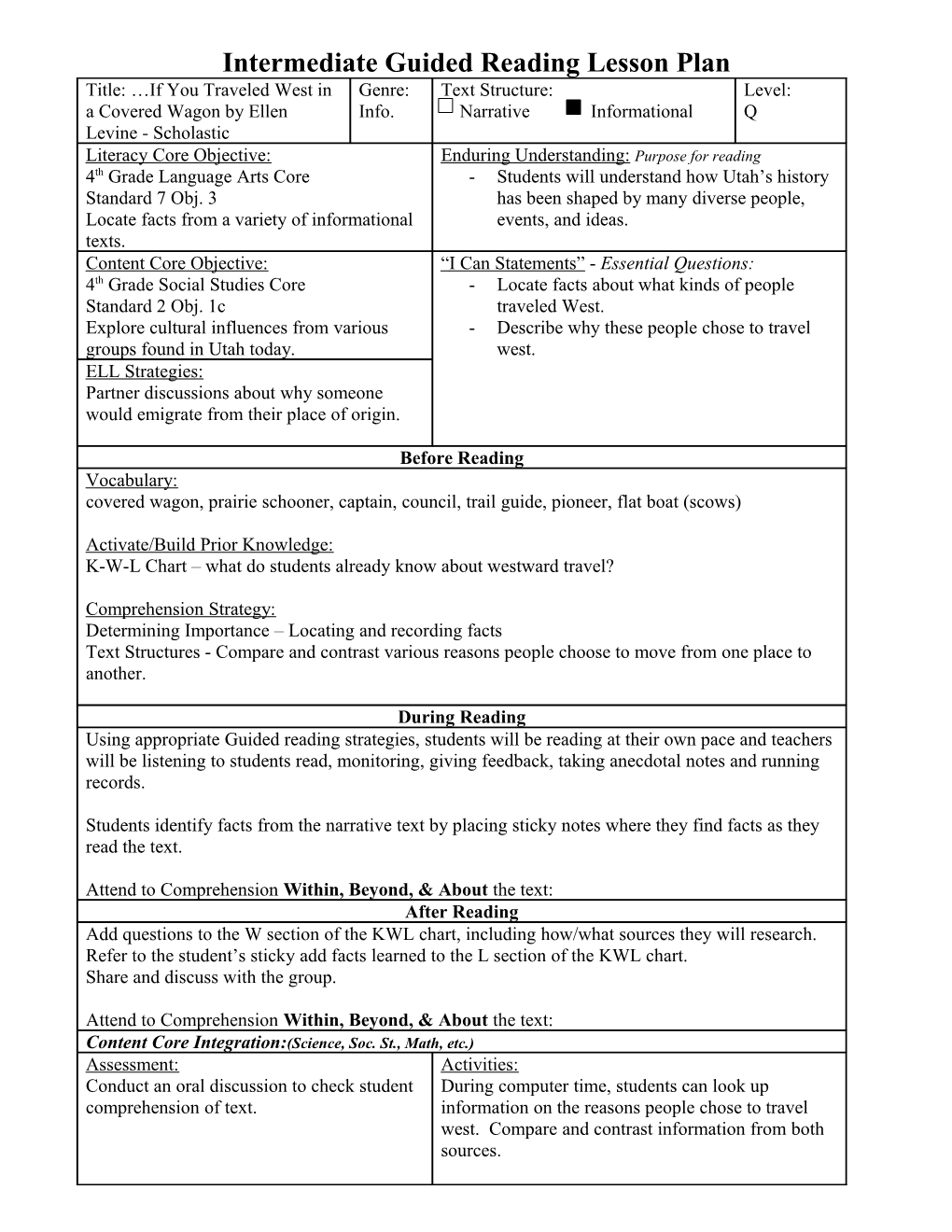 Intermediate Guided Reading Lesson Plan