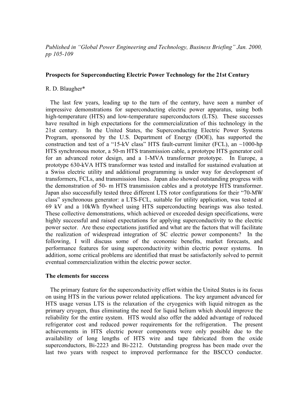 Perspectives for Superconducting Electric Power Applications