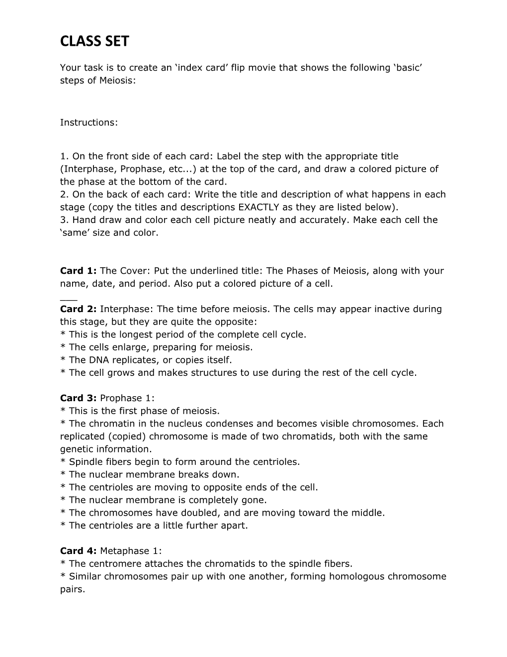 Your Task Is to Create an Index Card Flip Movie That Shows the Following Basic Steps of Meiosis