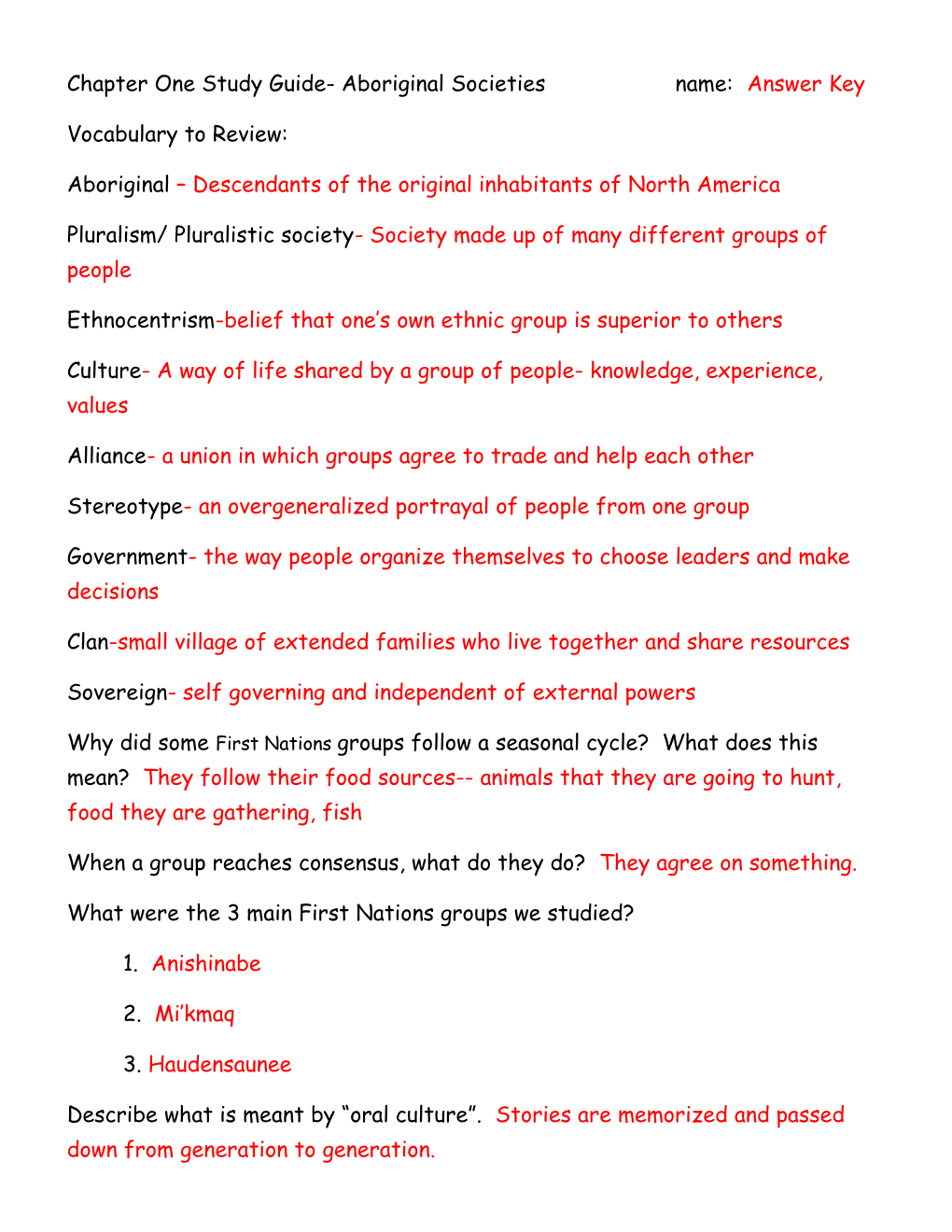 Chapter One Study Guide- Aboriginal Societies Name: Answer Key