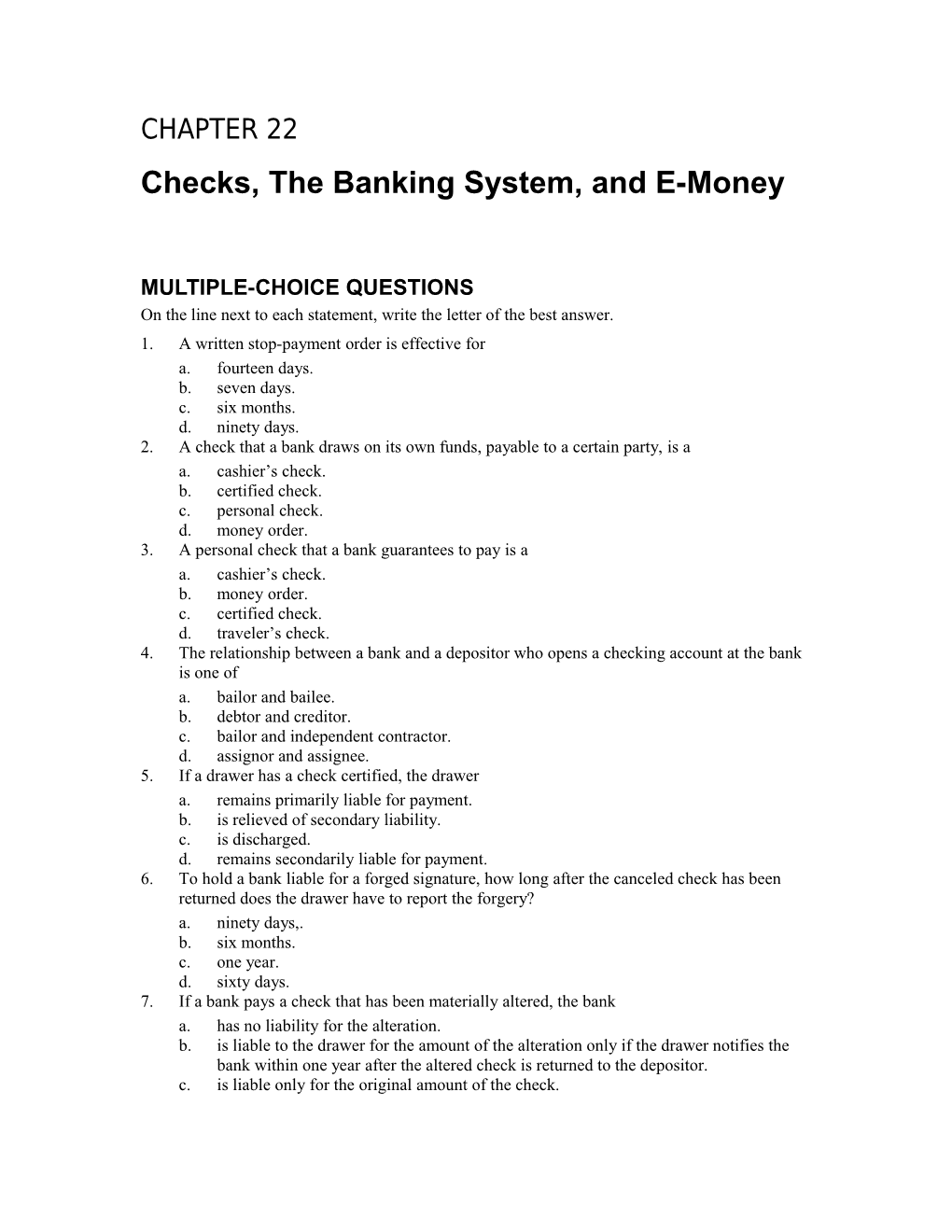 Checks, the Banking System, and E-Money