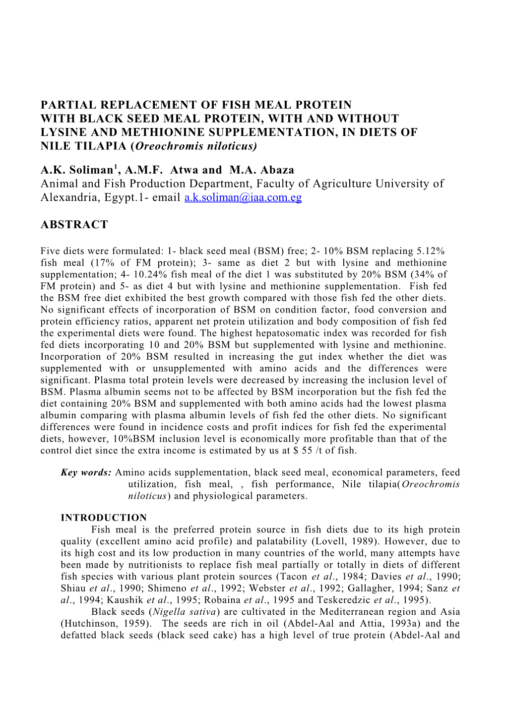 Partial Replacement of Fish Meal Protein with Black Seed Meal Protein, with and Without