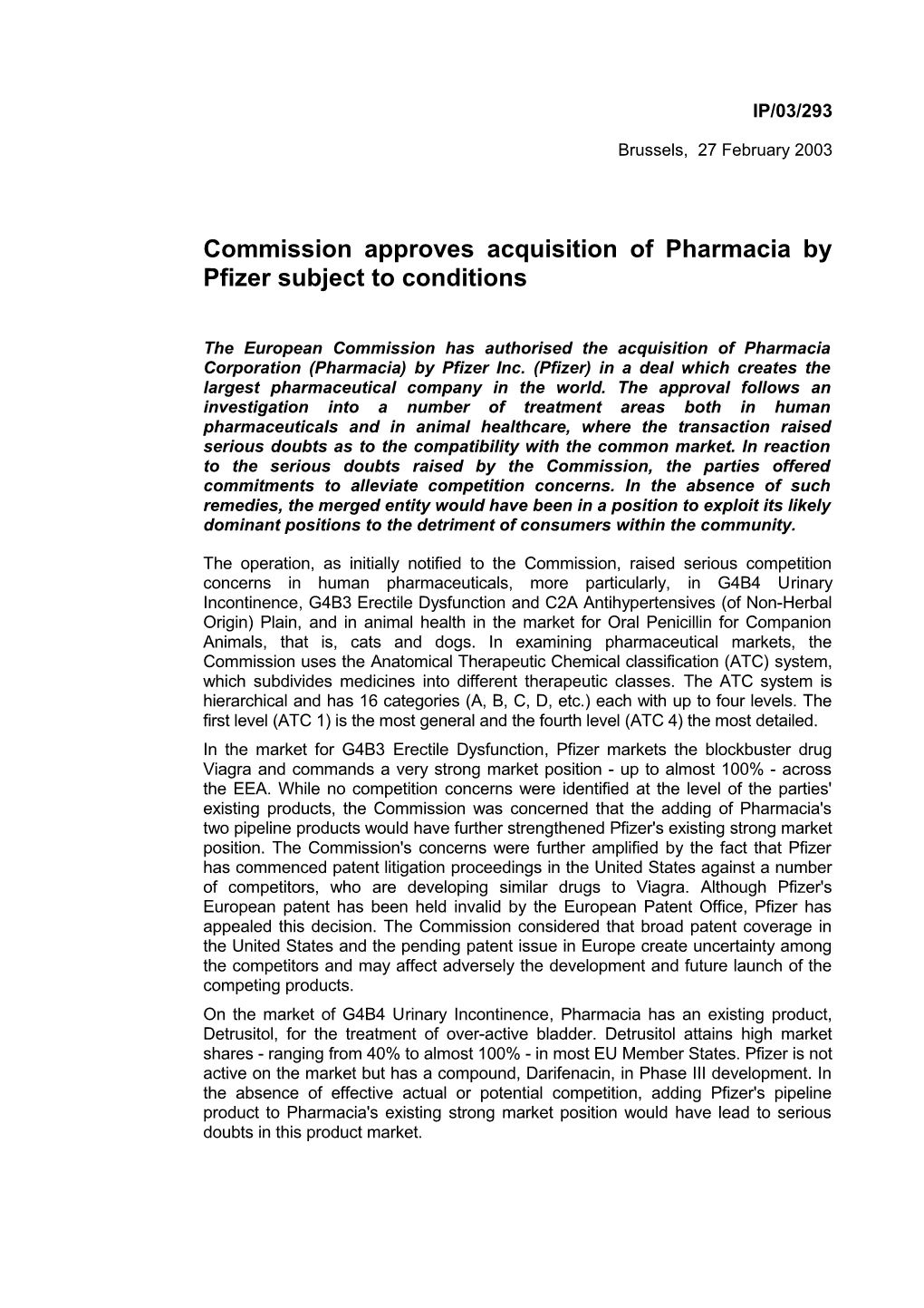 Commission Approves Acquisition of Pharmacia by Pfizer Subject to Conditions