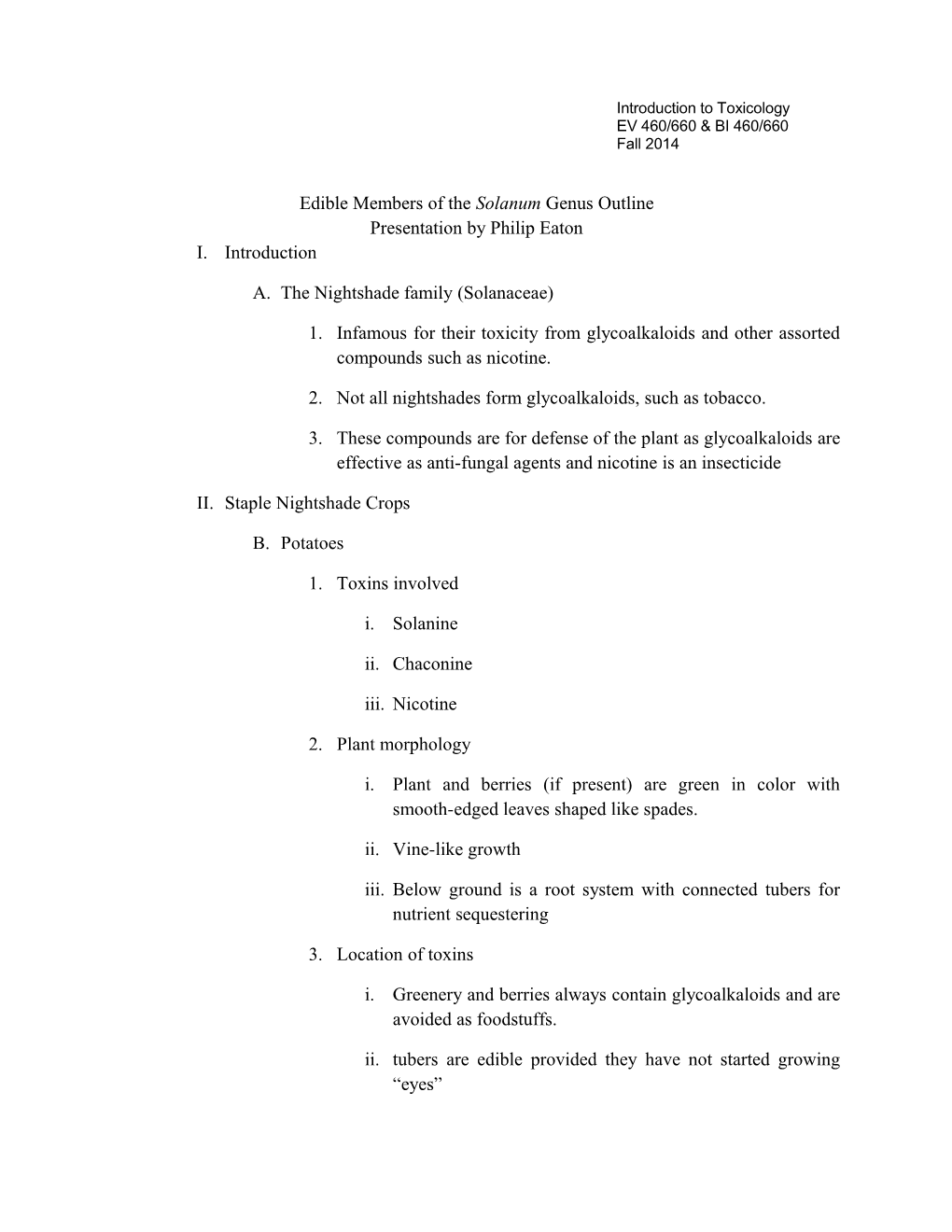 Edible Members of the Solanum Genus Outline