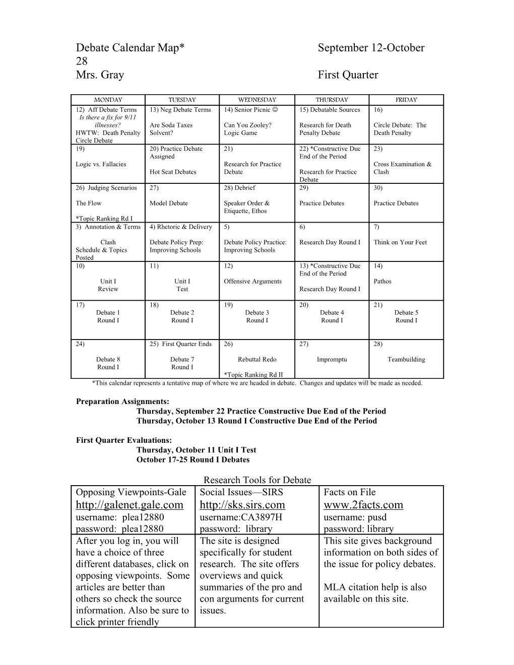 Debate Assignment Calendar