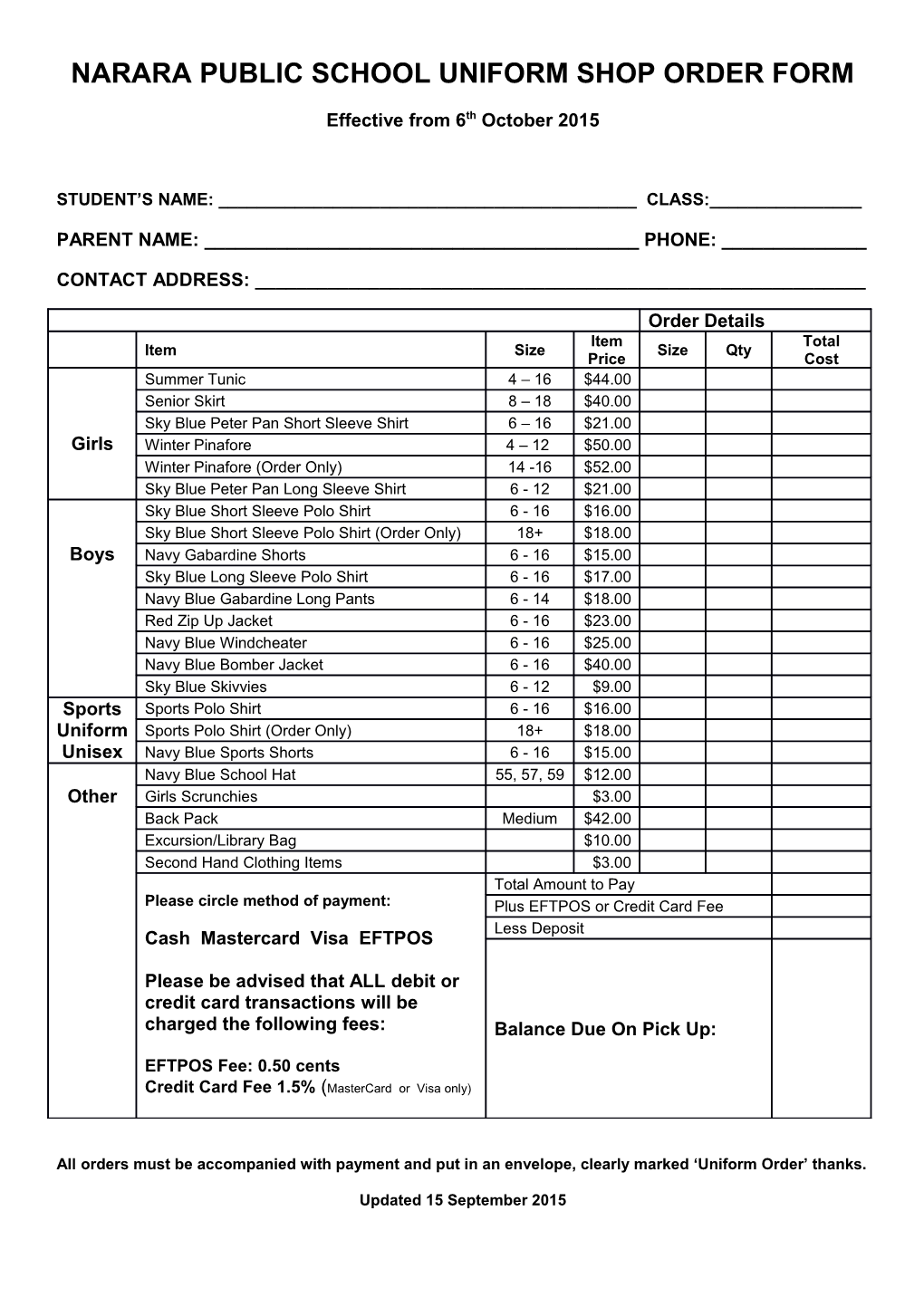 Narara Public School Uniform Shop Order Form