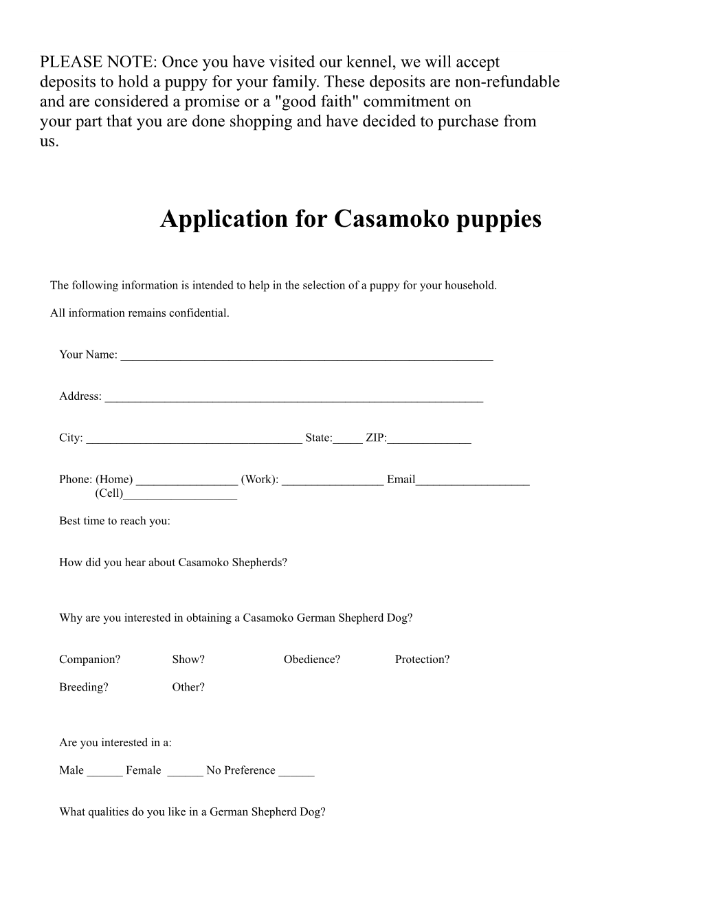 Application for Casamoko Puppies