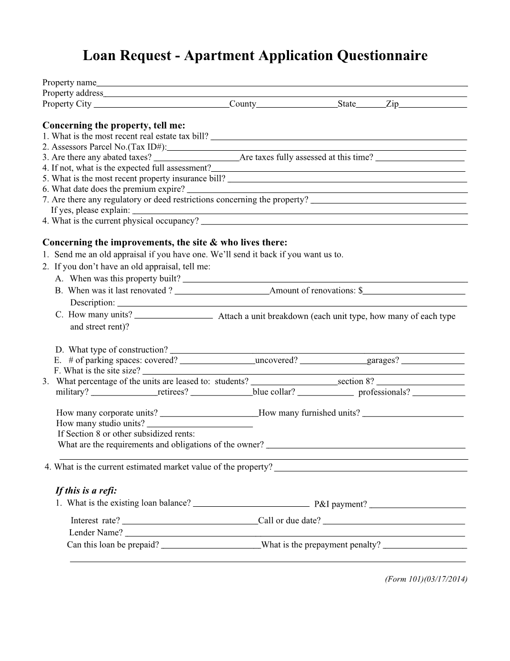 Loan Request - Apartment Application Questionnaire