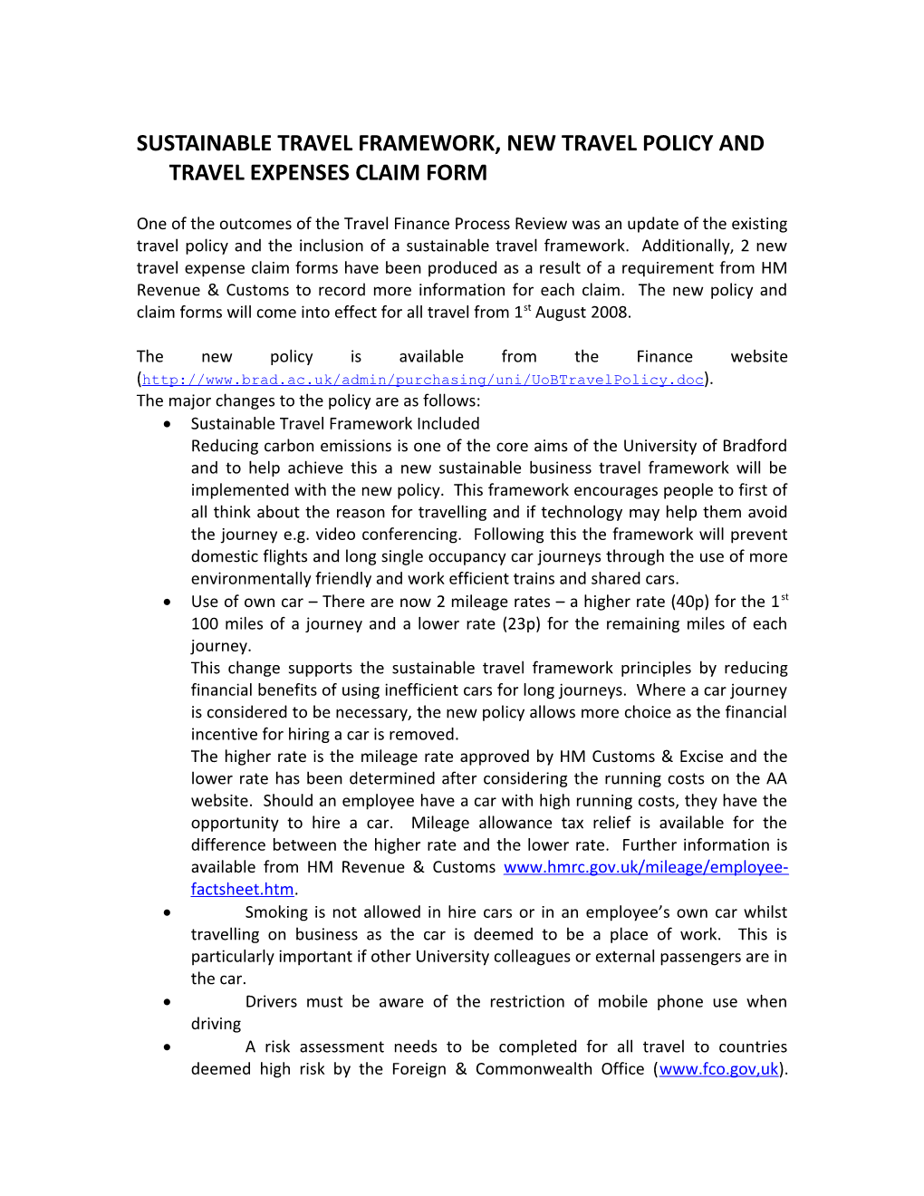 Changes to Travel Policy and Travel Expenses Claim Form