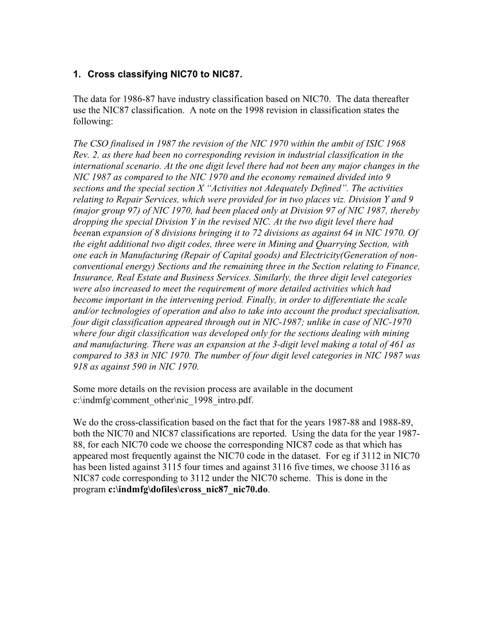 1. Cross Classifying NIC70 to NIC87