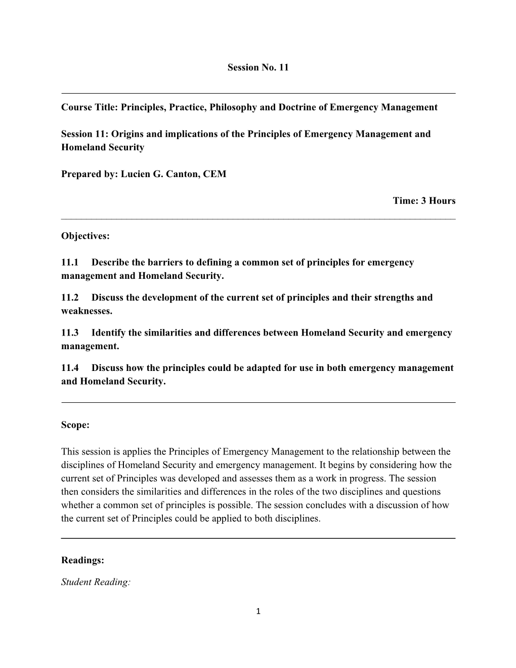 Course Title: Principles, Practice, Philosophy and Doctrine of Emergency Management s1