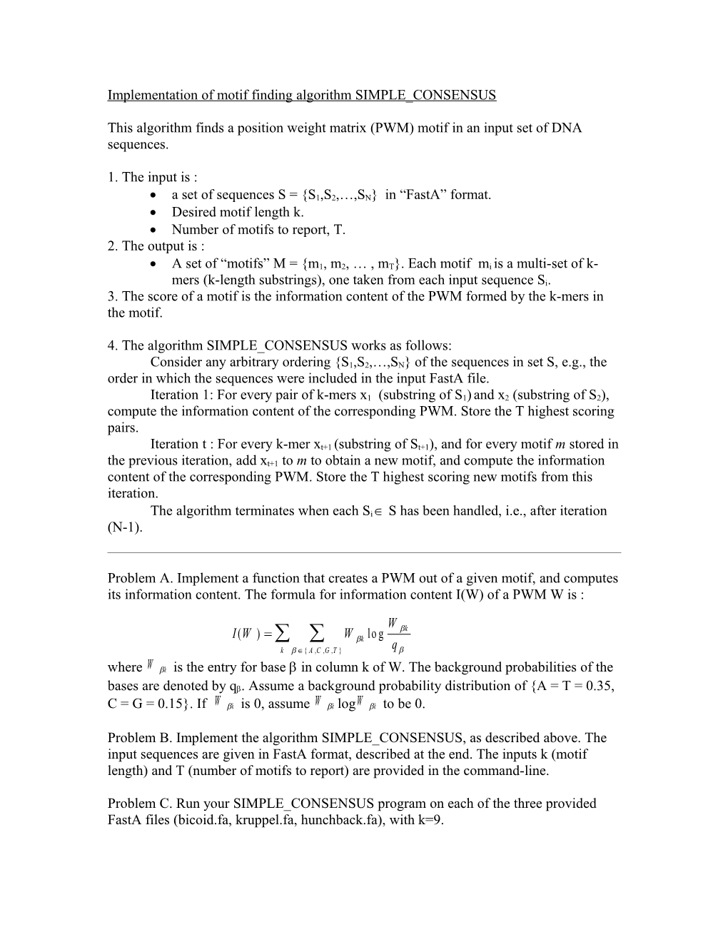 Implementation of Motif Finding Algorithm SIMPLE CONSENSUS