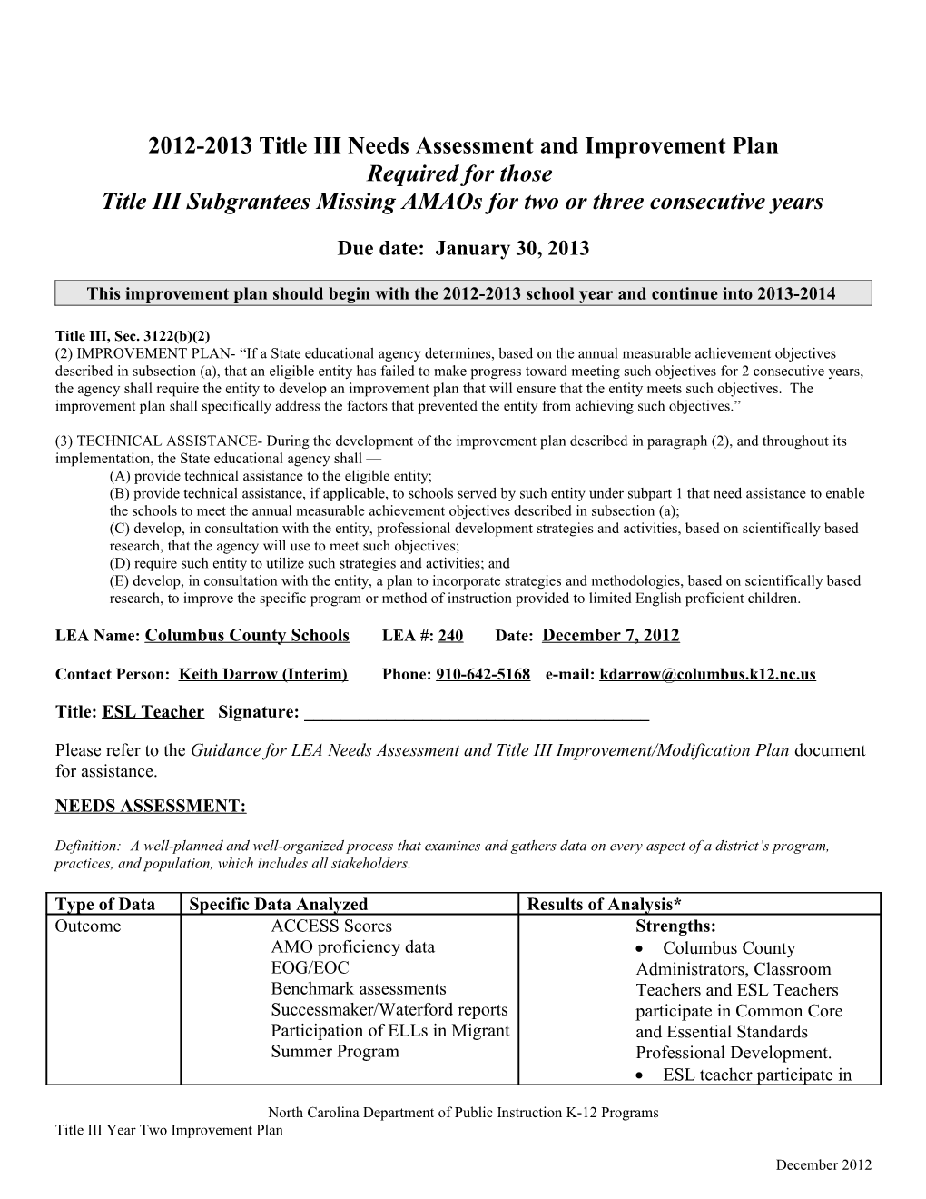 Title III Needs Assessment and Improvement Plan