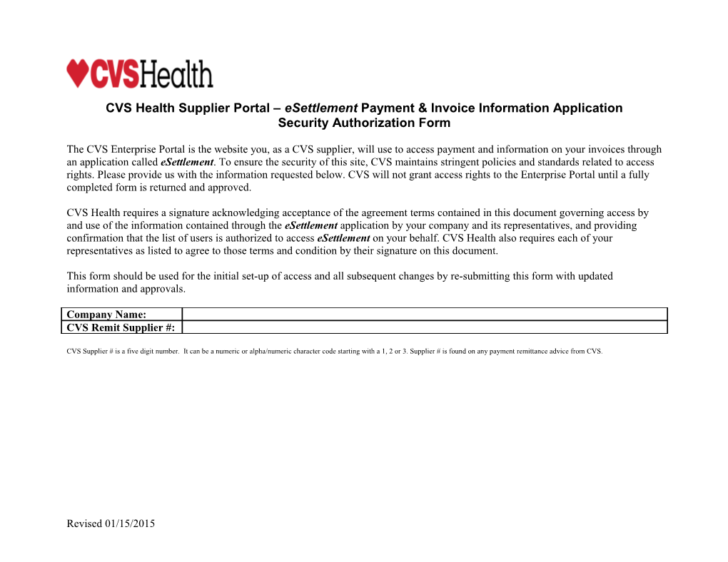 CVS Health Supplier Portal Esettlementpayment & Invoice Information Application