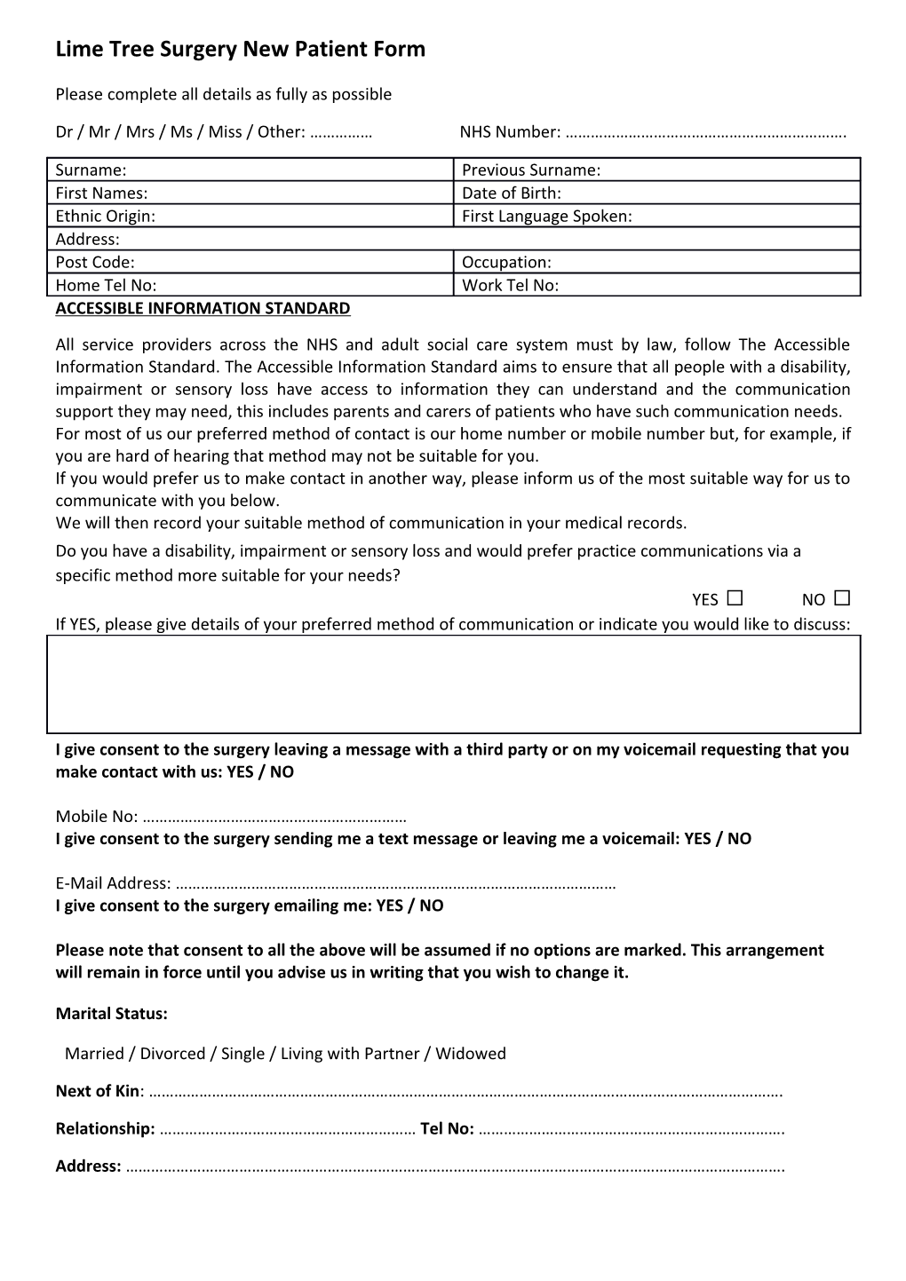 Lime Tree Surgery New Patient Form