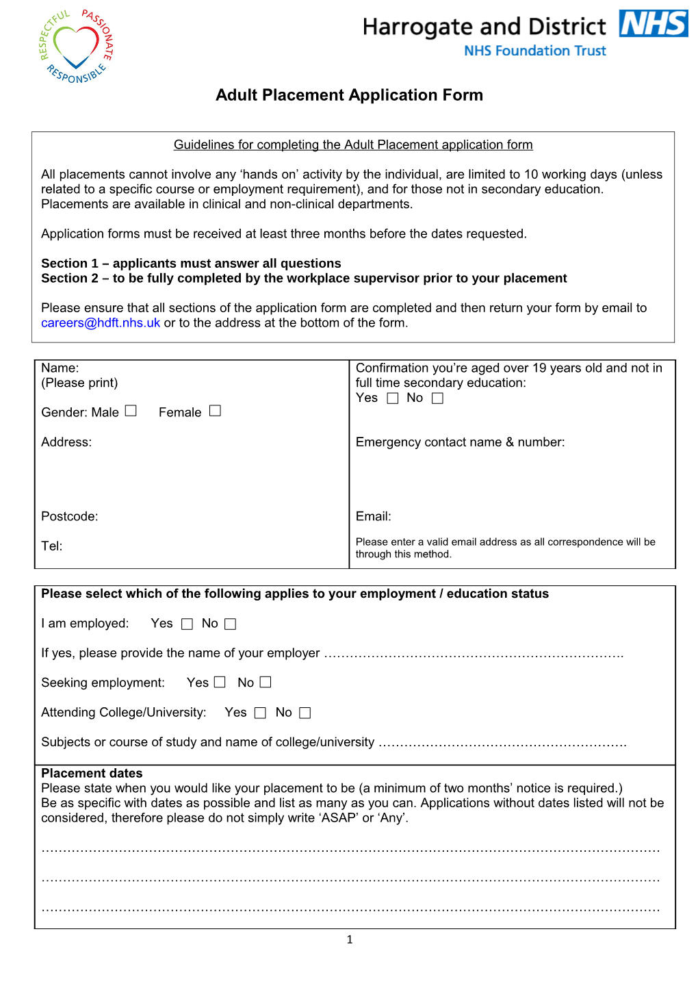 Adult Placement Application Form