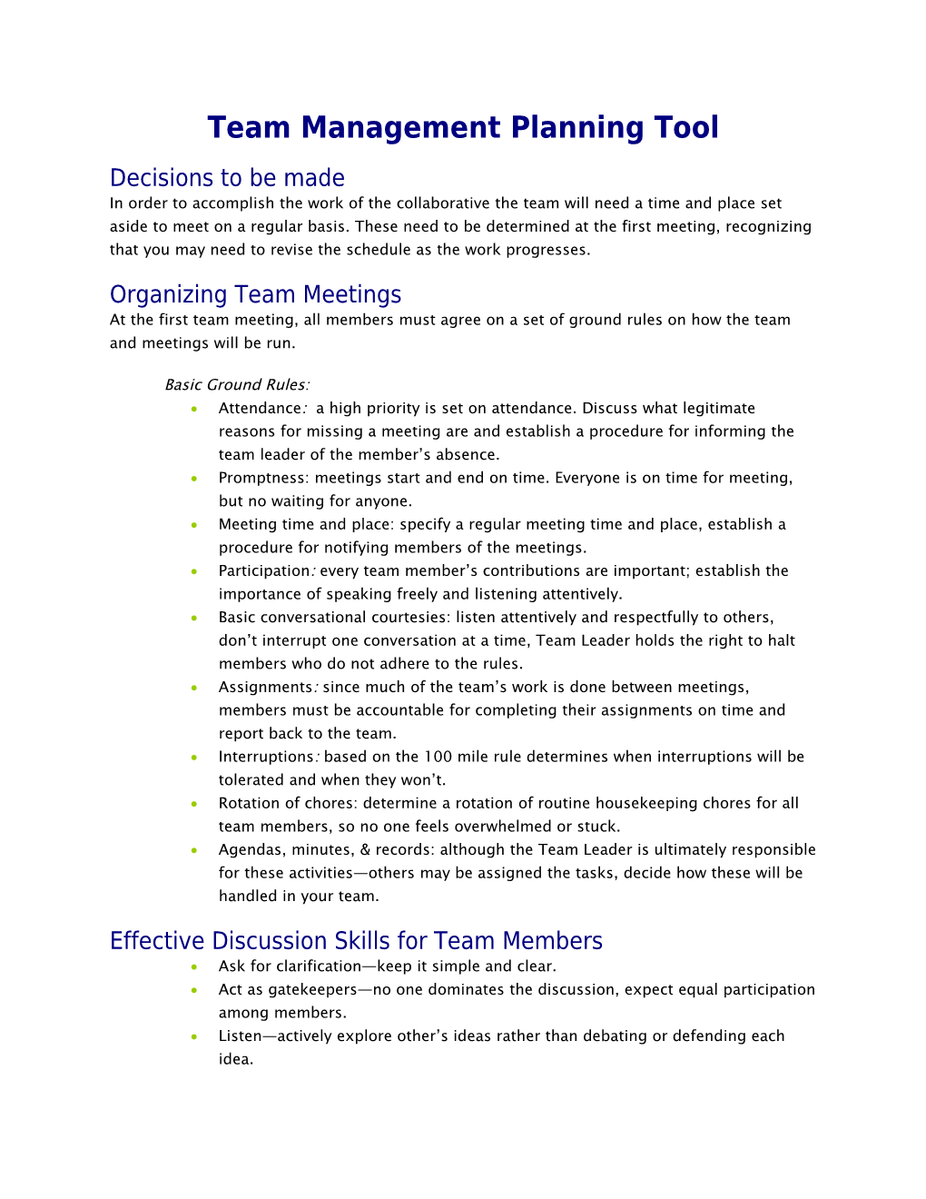 Team Management Planning Tool