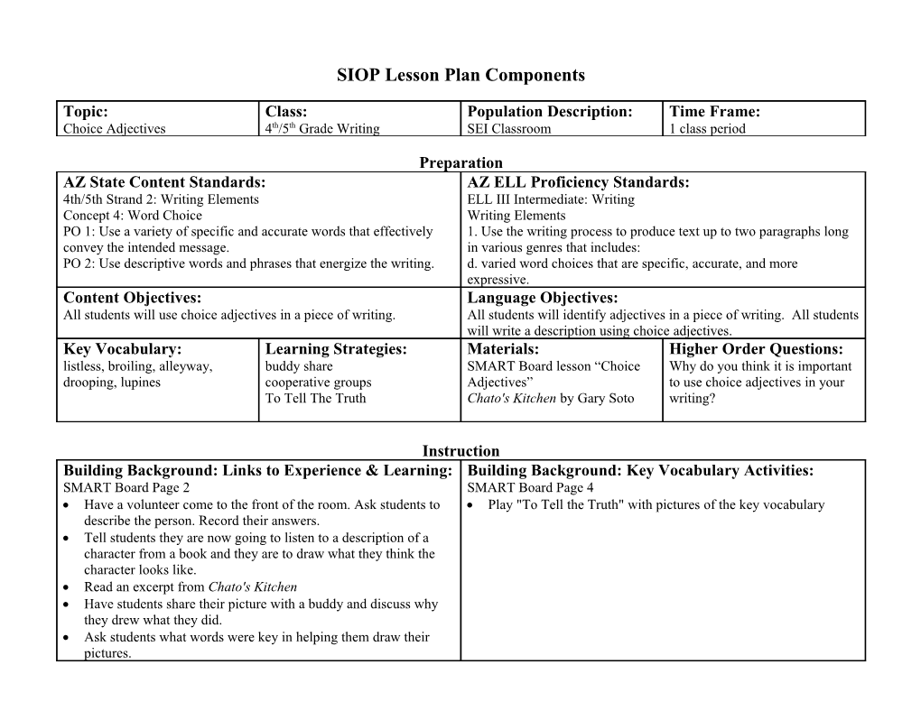 SIOP Lesson Plan Components