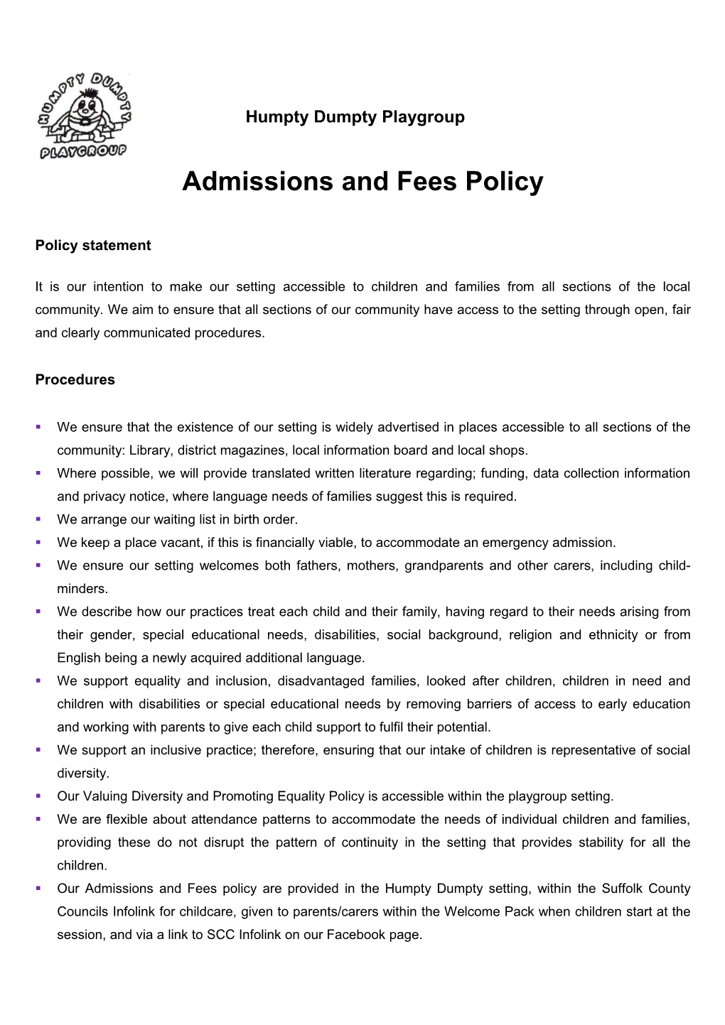 Admissions and Fees Policy