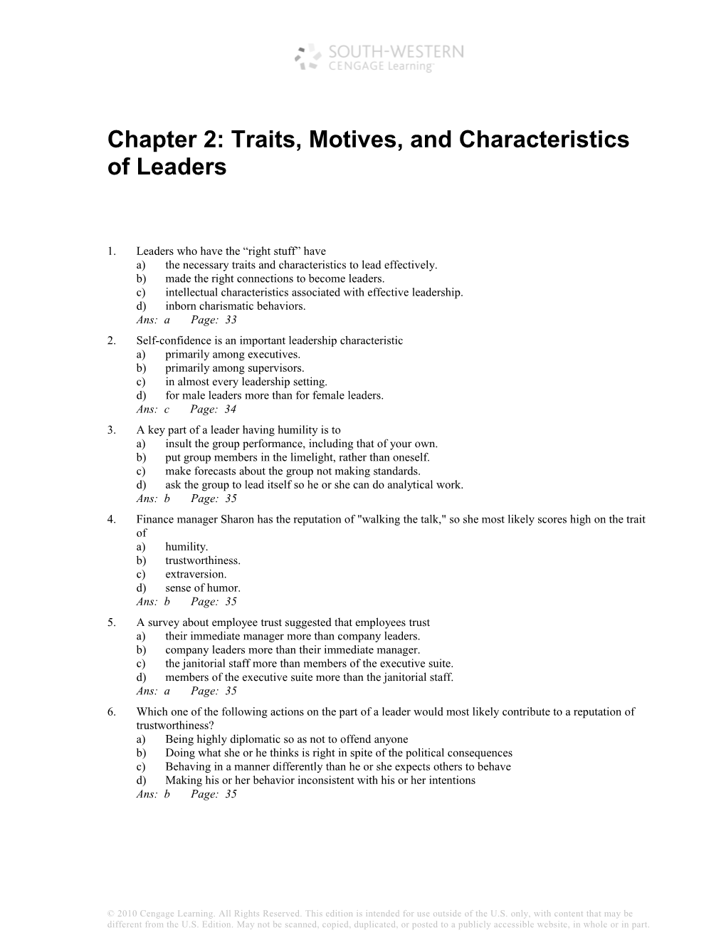 Chapter 2: Traits, Motives, and Characteristics of Leaders 1