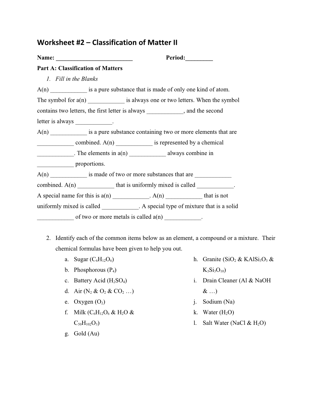 Worksheet #2 Classification of Matter II