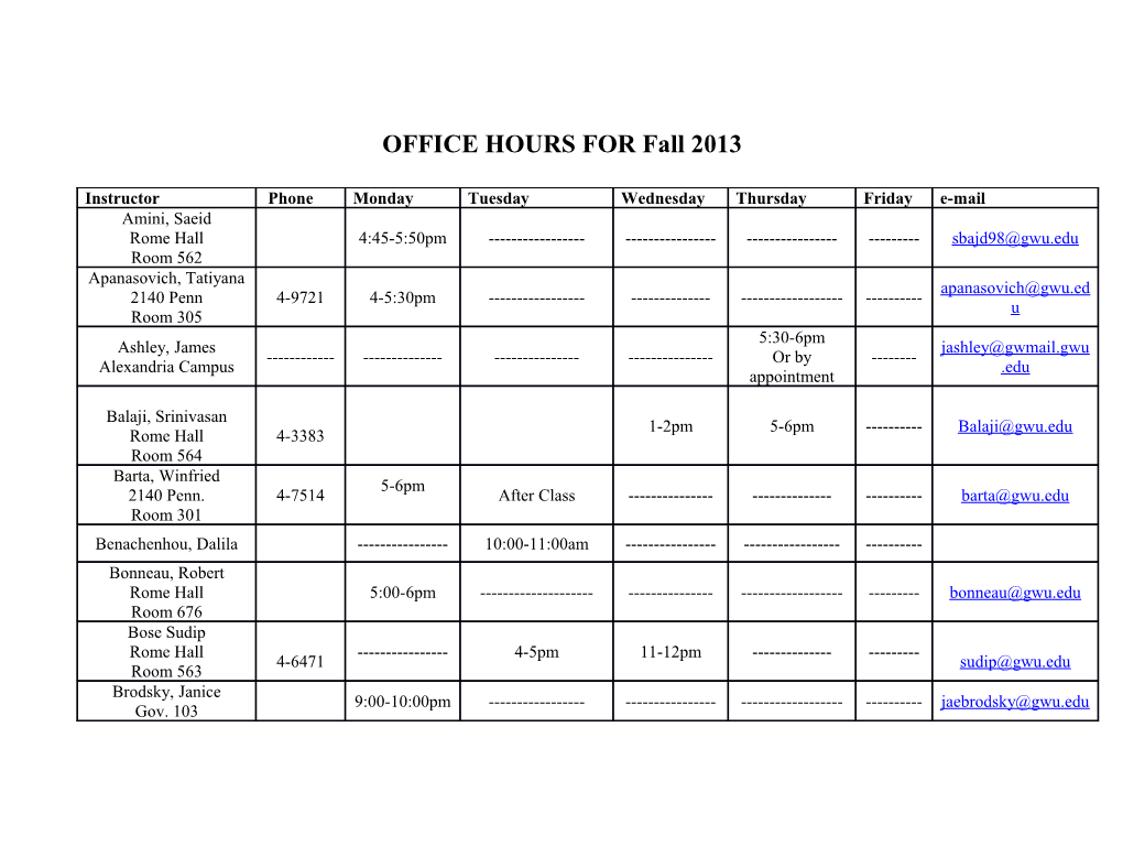 OFFICE HOURS for Fall 2013