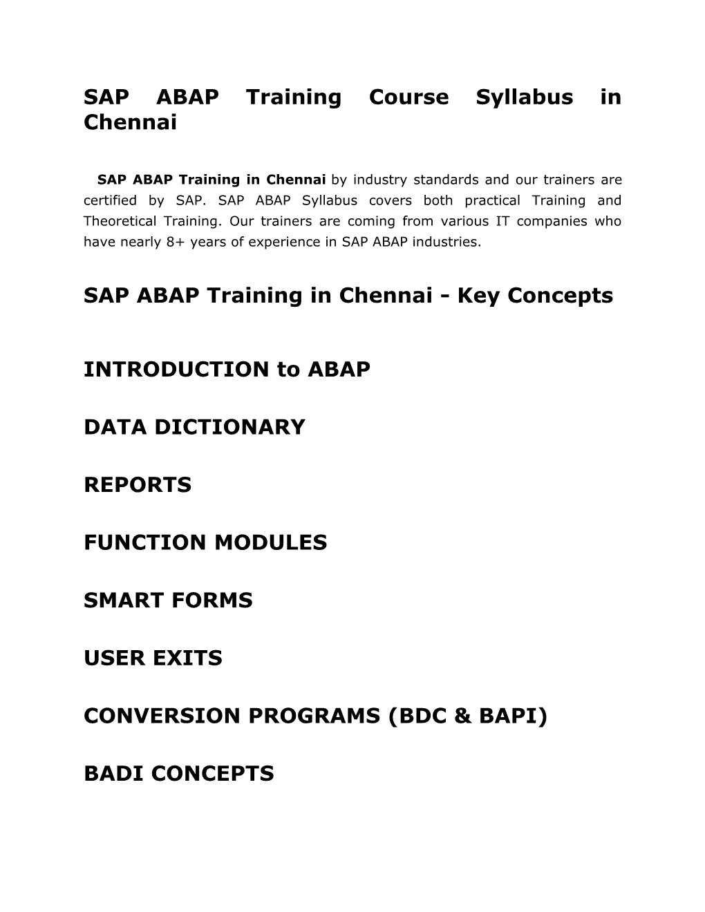 SAP ABAP Training Course Syllabus in Chennai