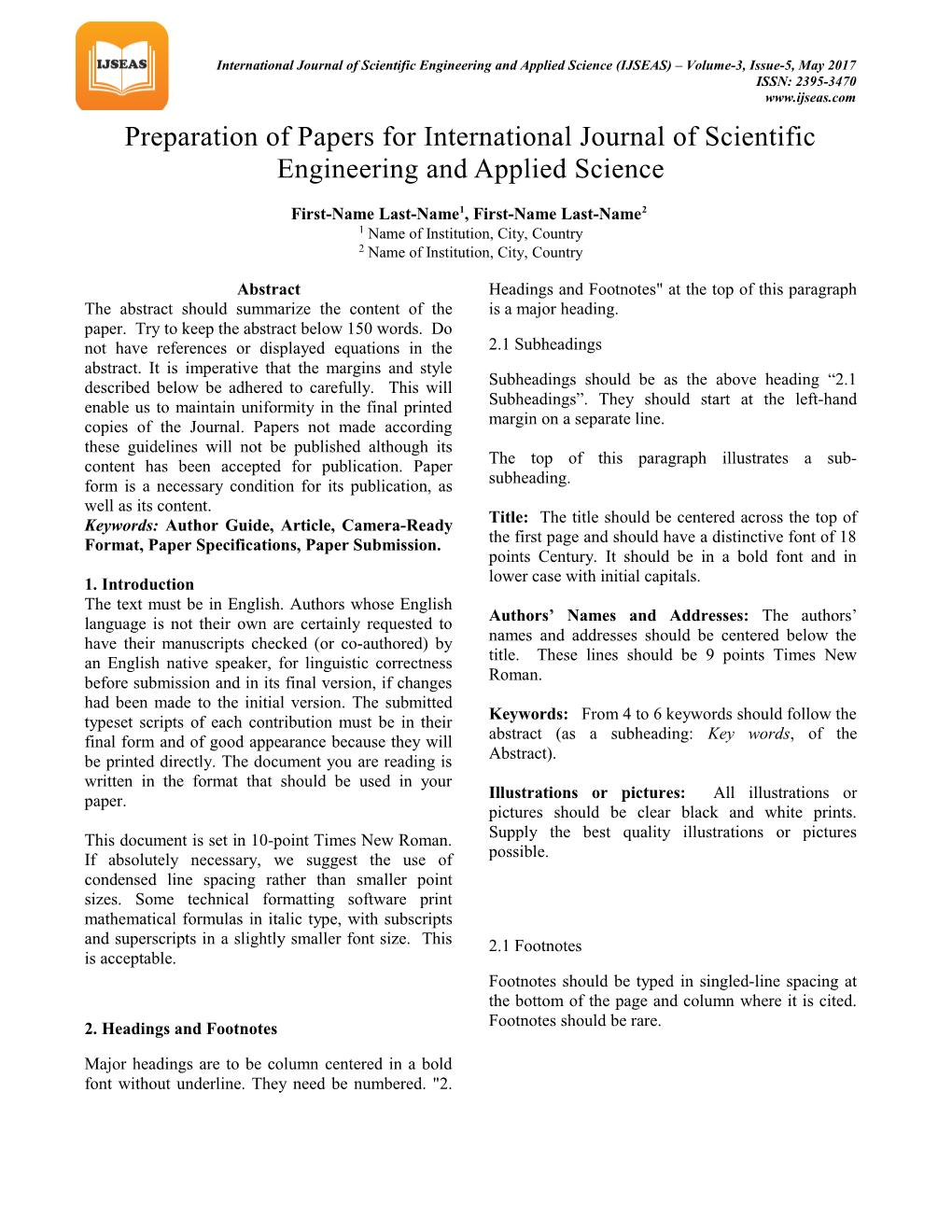 Preparation of Papers for International Journal of Scientific Engineering and Applied Science