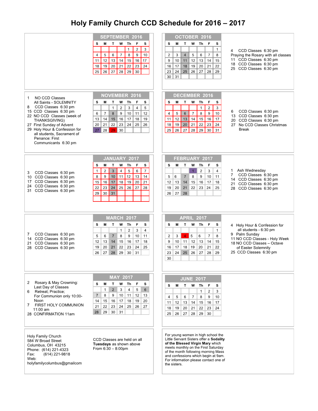 Holy Family Church CCD Schedule for 2016 2017