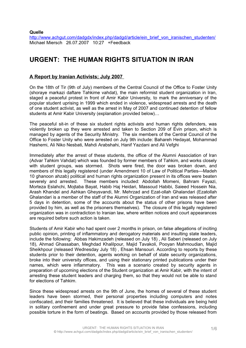Urgent: the Human Rights Situation in Iran