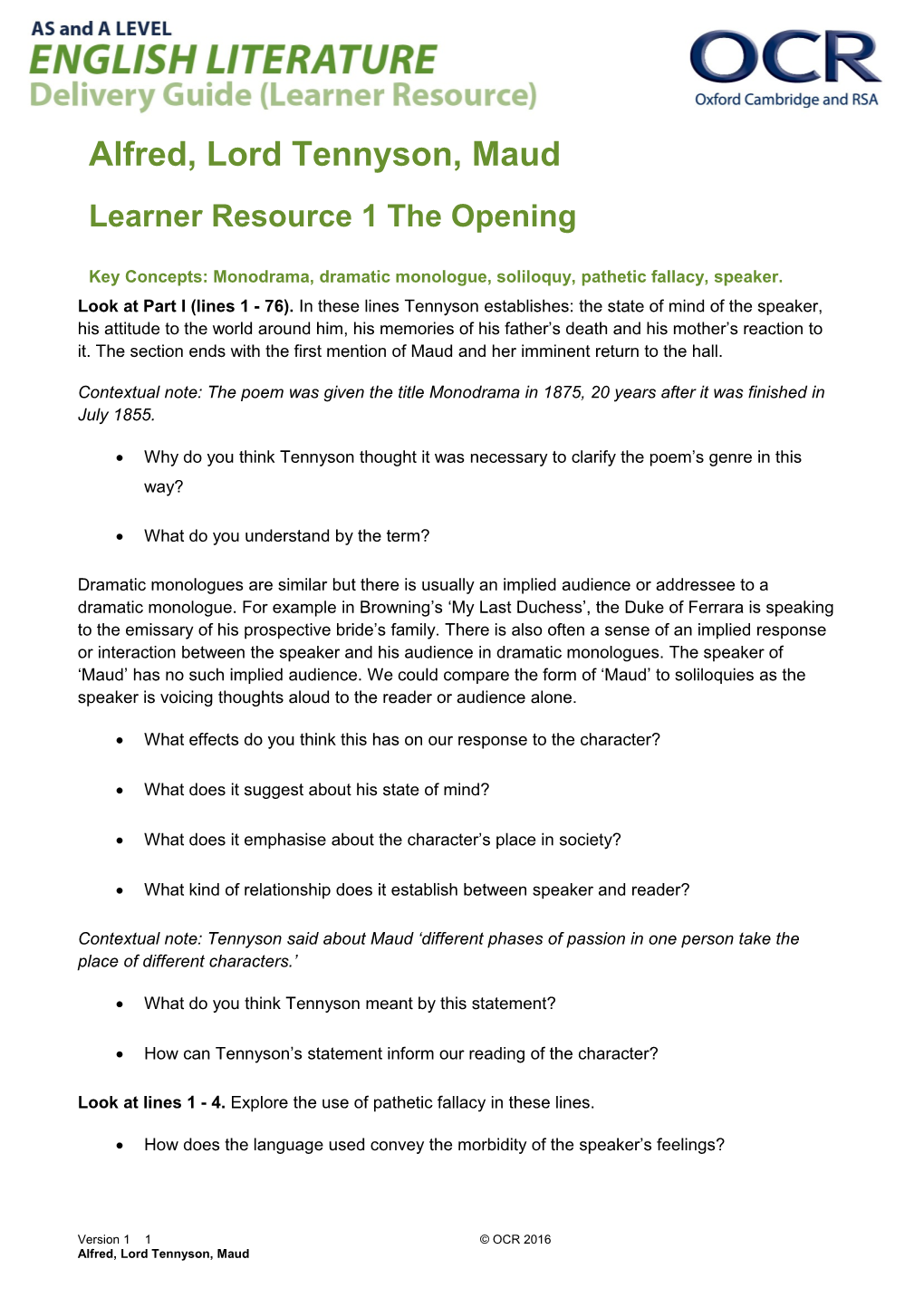 OCR a and AS Level English Literature, Alfred, Lord Tennyson - Maud Learner Resource 1