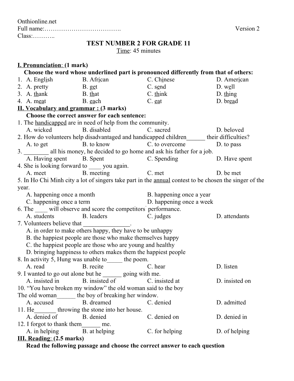 Test Number 2 for Grade 11