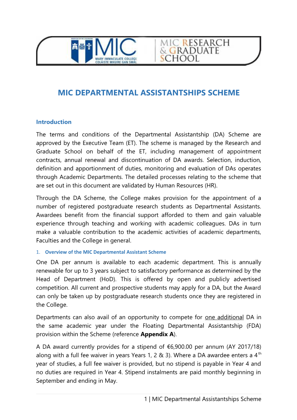 MIC Departmental Assistantships Scheme