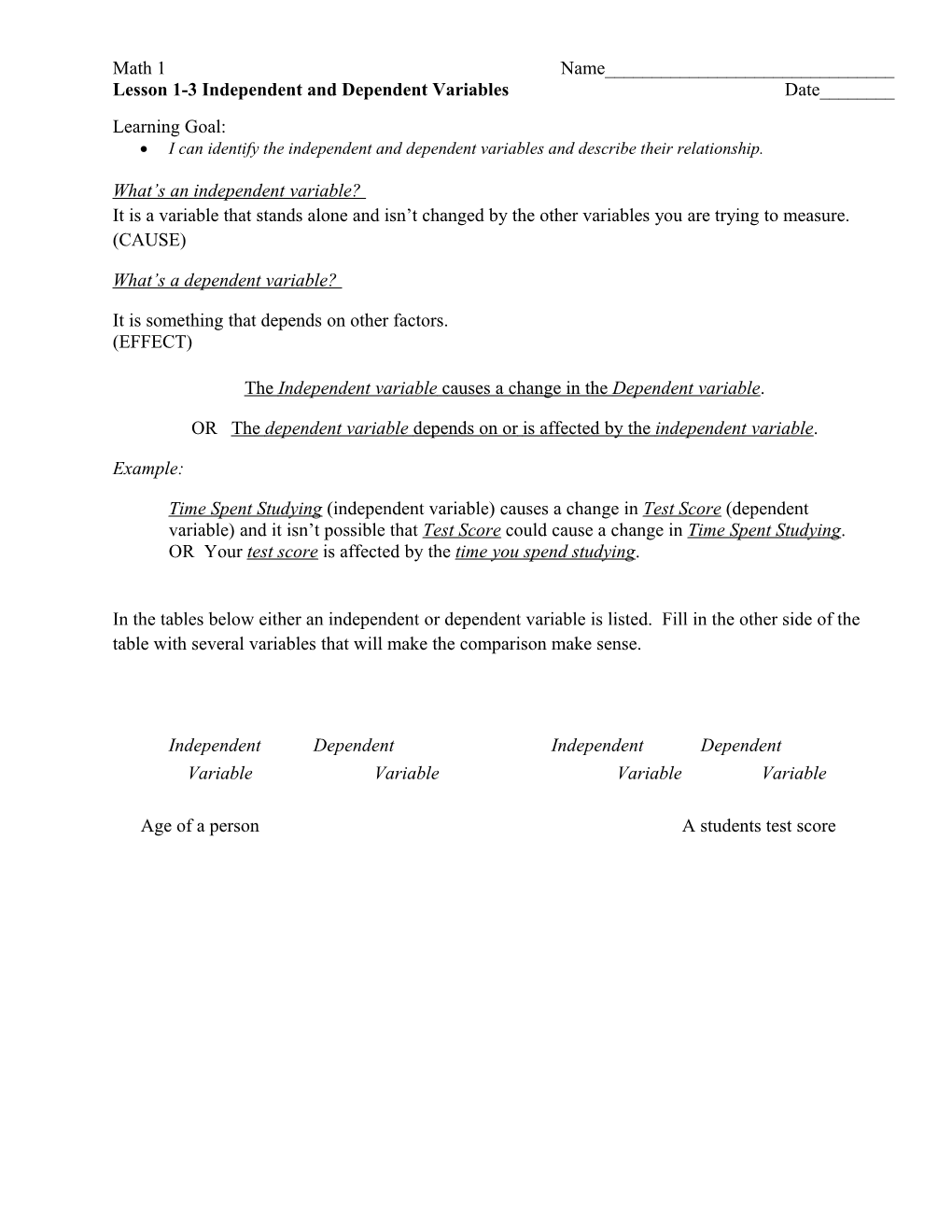 Lesson 1-3 Independent and Dependent Variables Date______