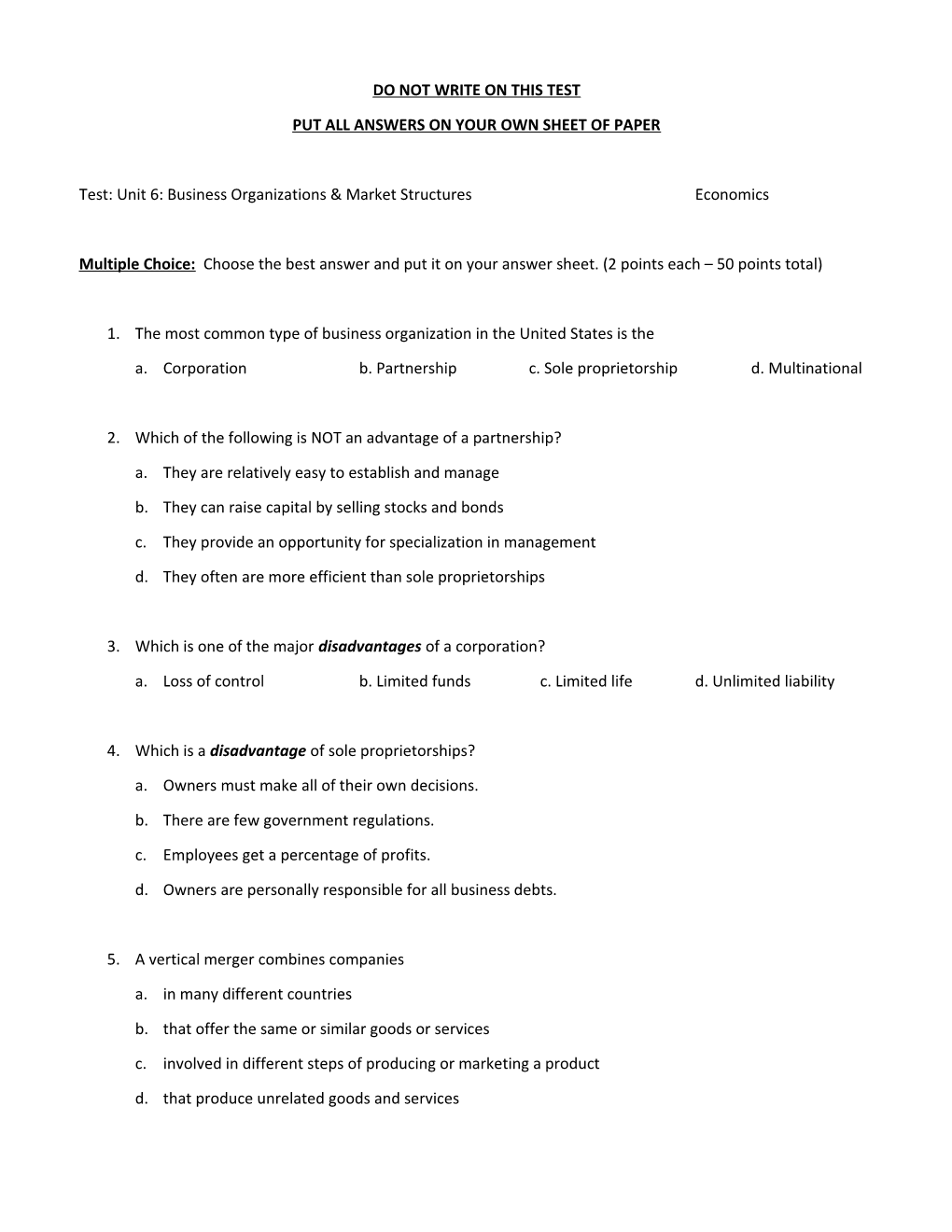 Put All Answers on Your Own Sheet of Paper