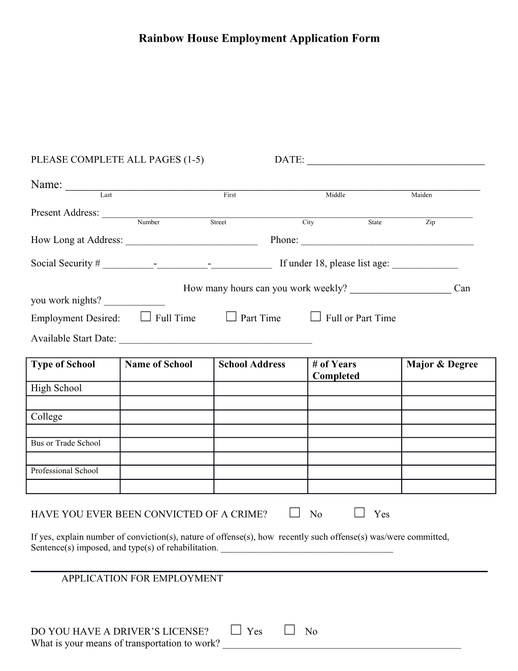 Rainbow House Employment Application Form