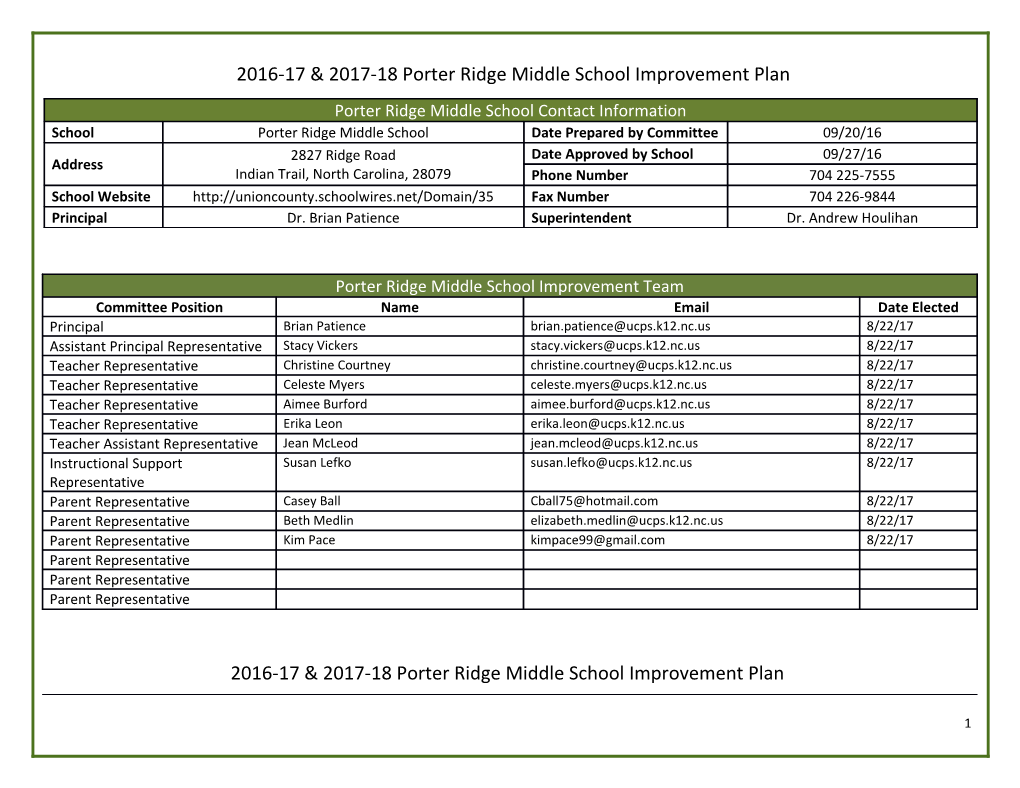 2016-17 & 2017-18 Porter Ridge Middle School Improvement Plan