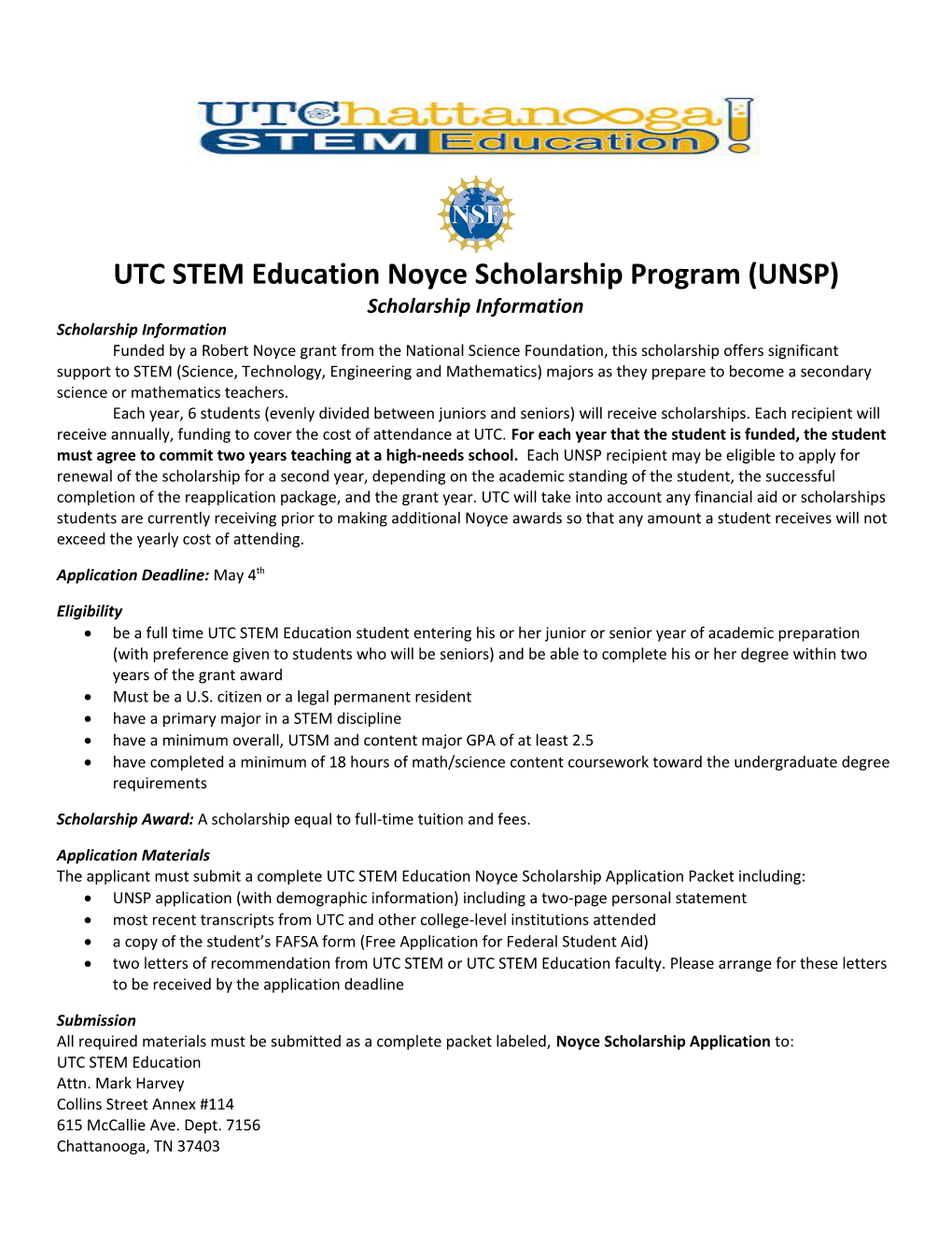 UTC STEM Education Noyce Scholarship Program (UNSP)