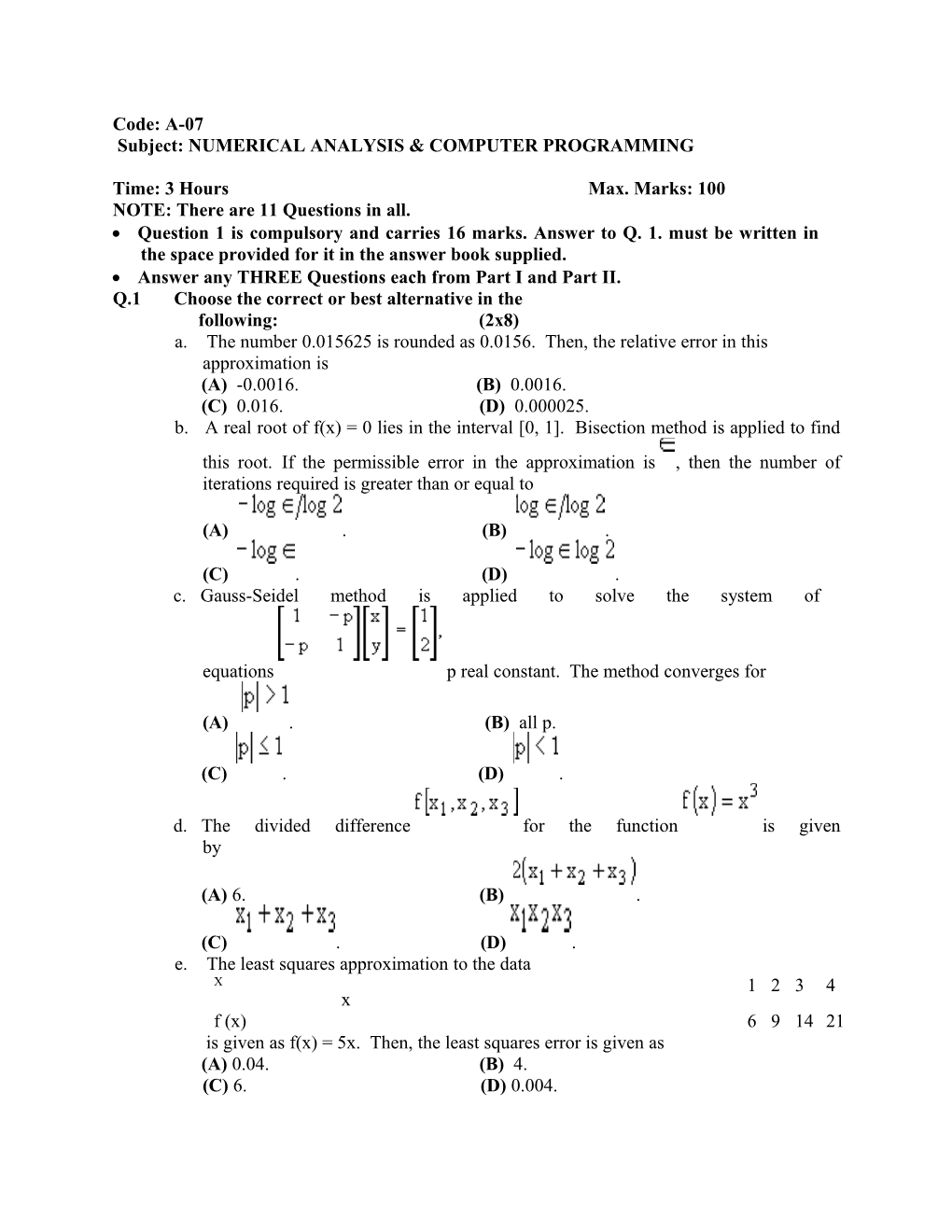 Subject: NUMERICAL ANALYSIS & COMPUTER PROGRAMMING